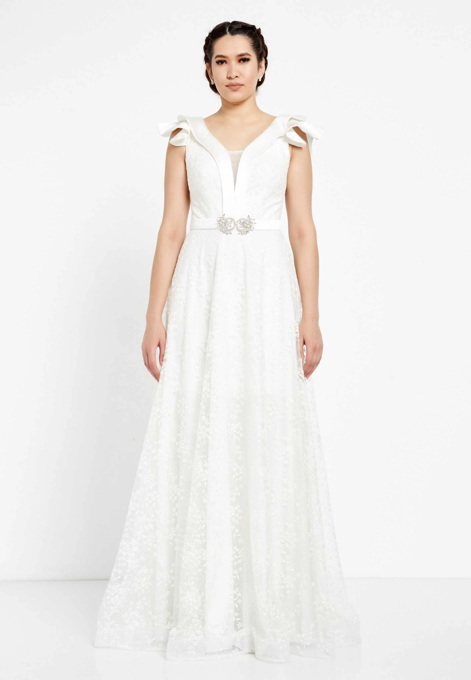 Short Sleeve Maxi Tulle A - Line Regular Prom Dress rmn2913 - Image 17