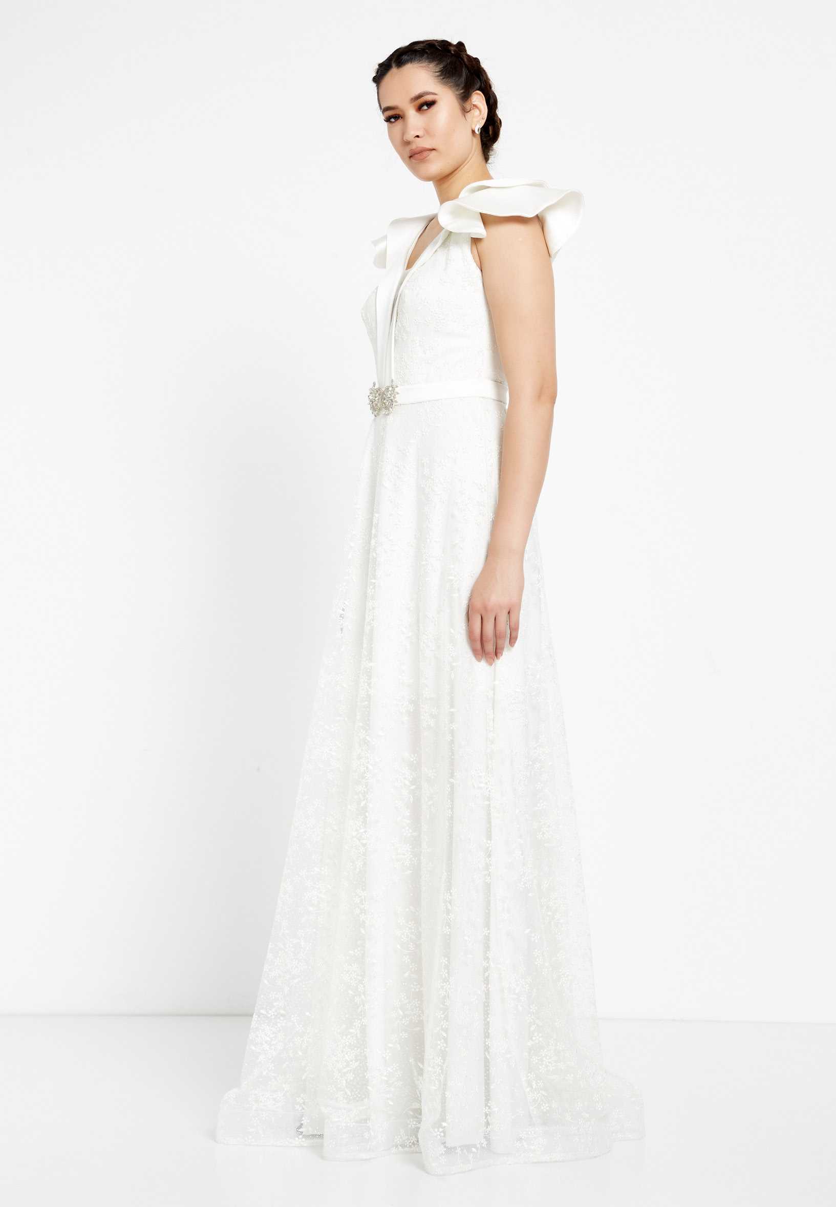 Short Sleeve Maxi Tulle A - Line Regular Prom Dress rmn2913 - Image 19