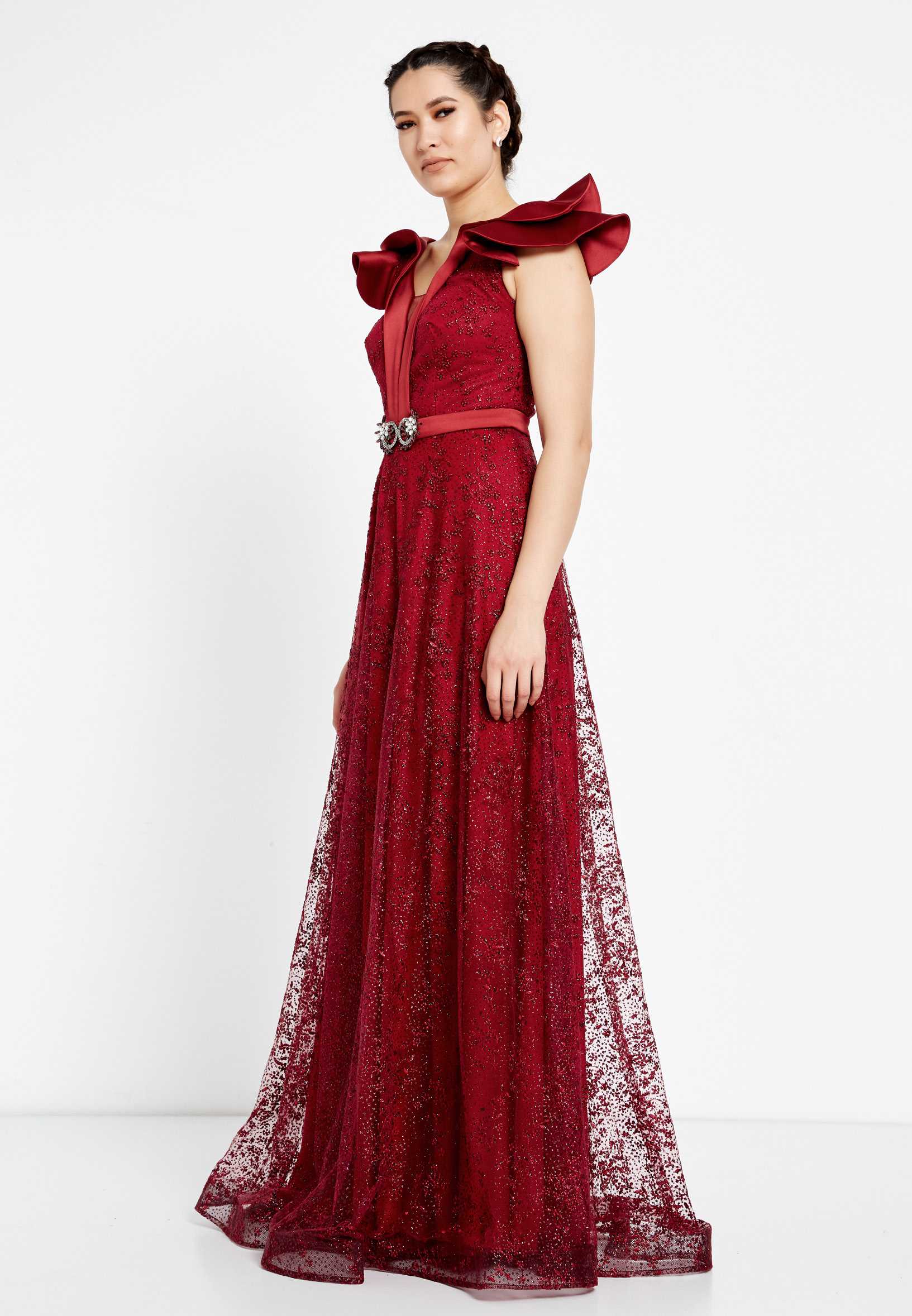 Short Sleeve Maxi Tulle A - Line Regular Prom Dress rmn2913 - Image 3