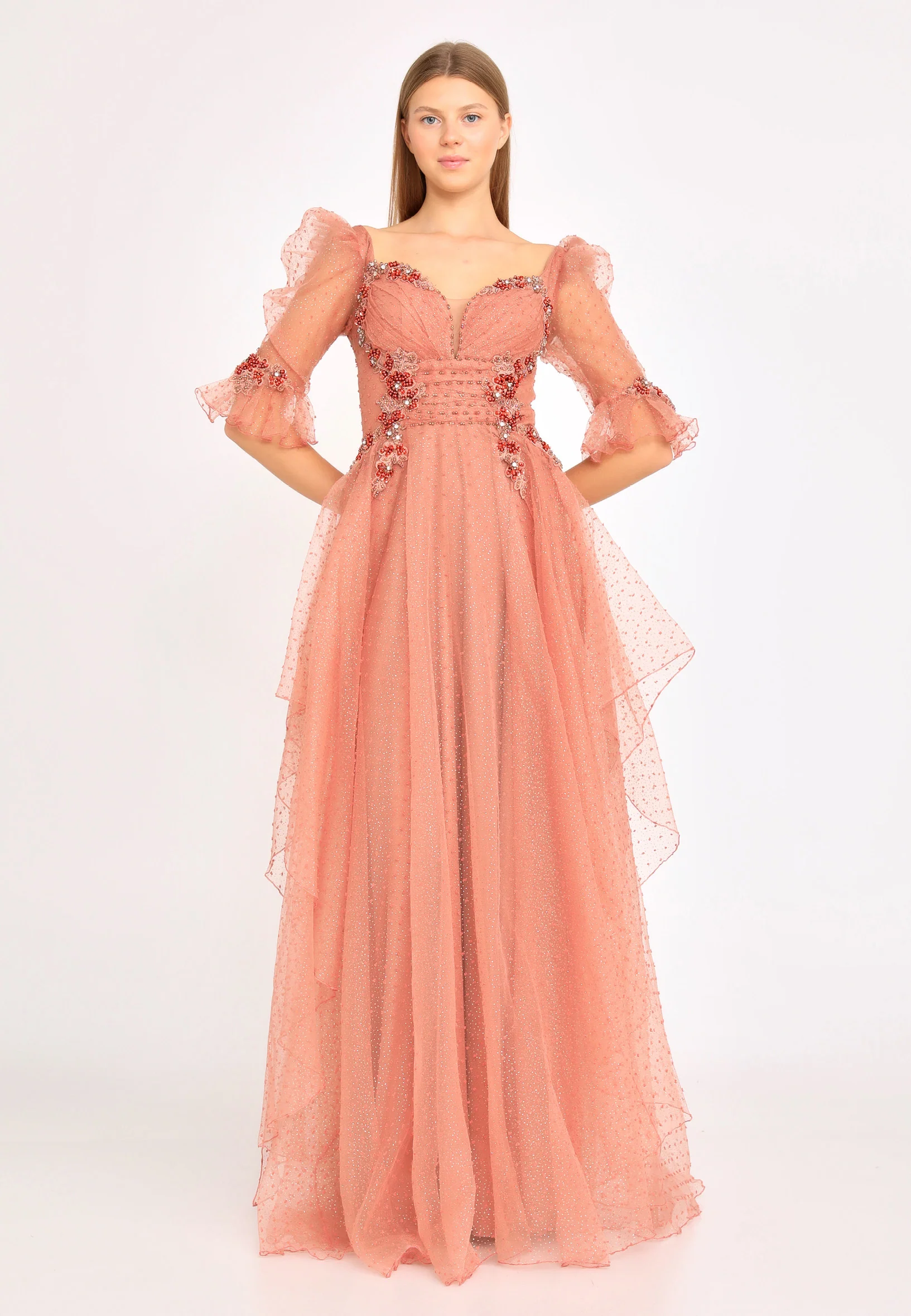 Short Sleeve Maxi Tulle A - Line Regular Prom Dress rmn3105