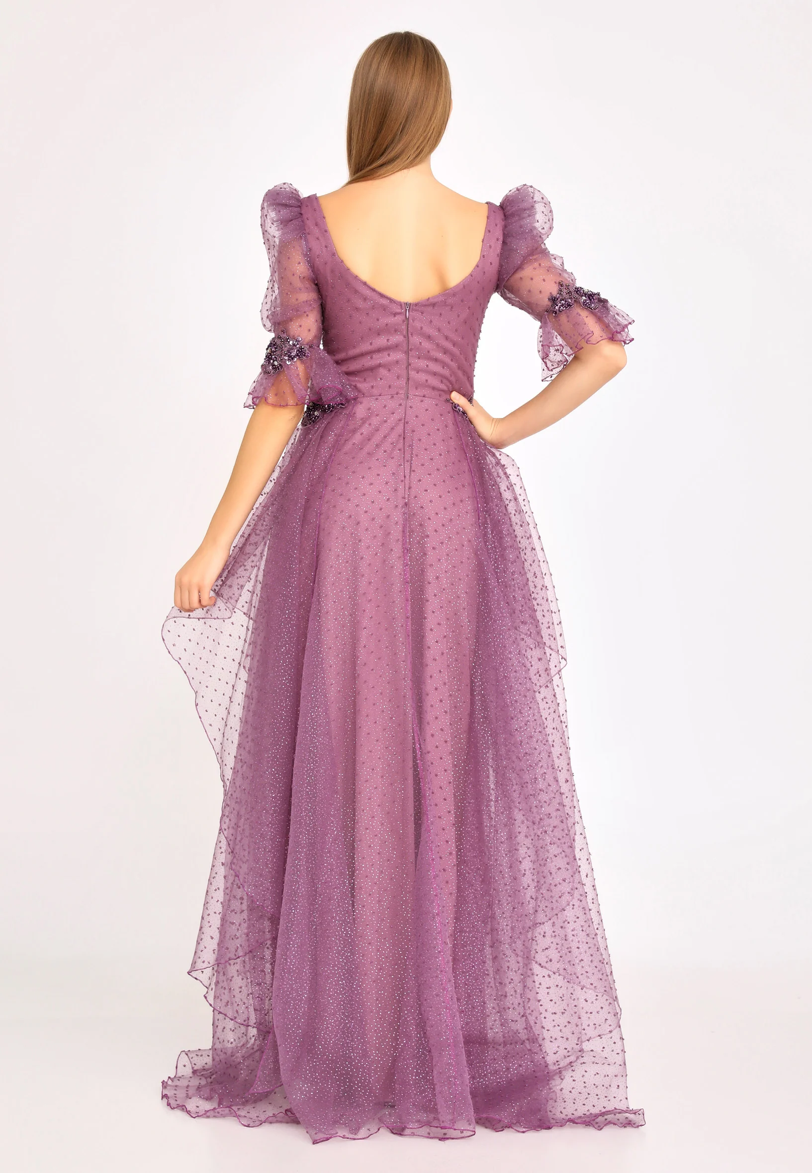Short Sleeve Maxi Tulle A - Line Regular Prom Dress rmn3105 - Image 10