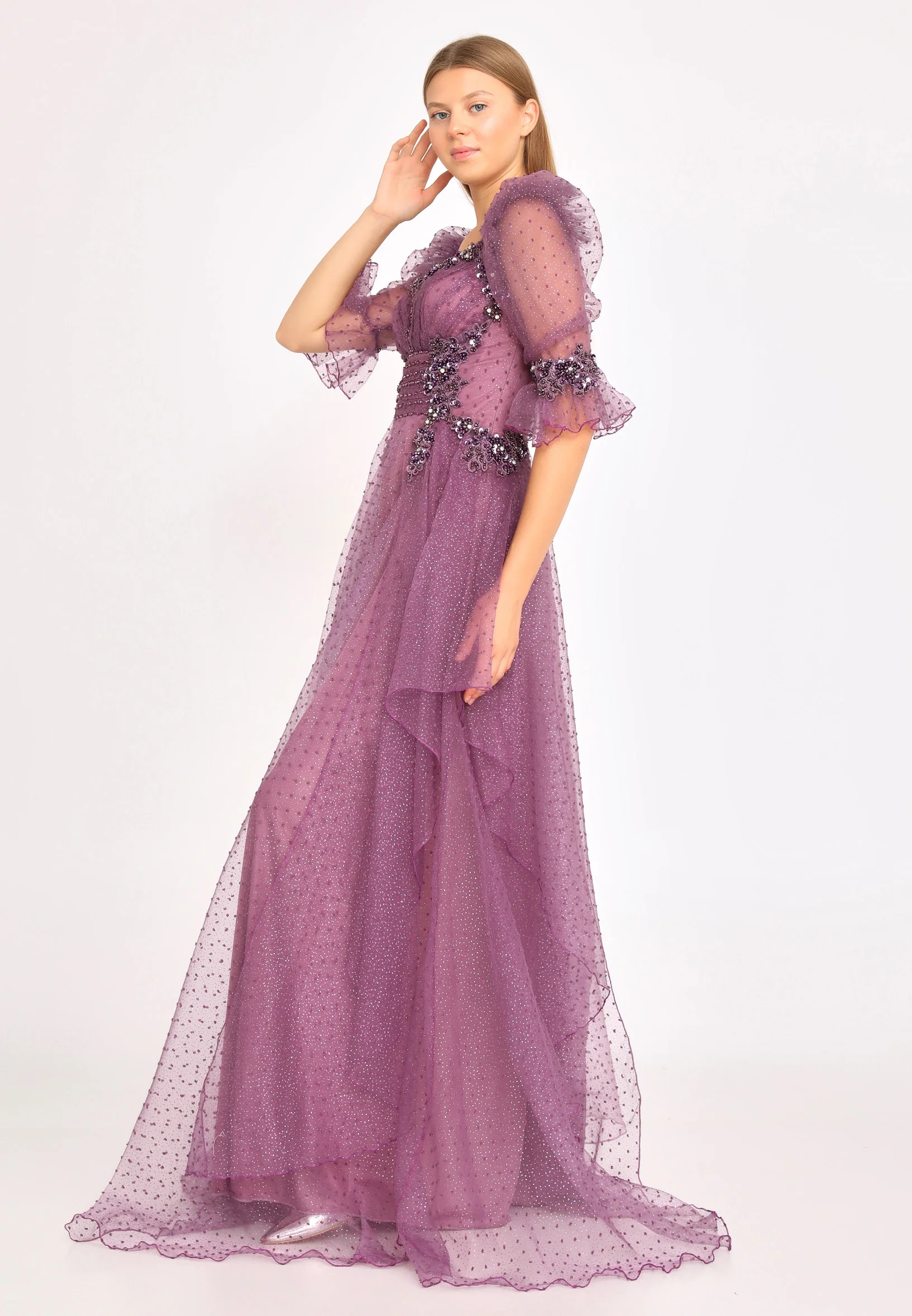 Short Sleeve Maxi Tulle A - Line Regular Prom Dress rmn3105 - Image 11