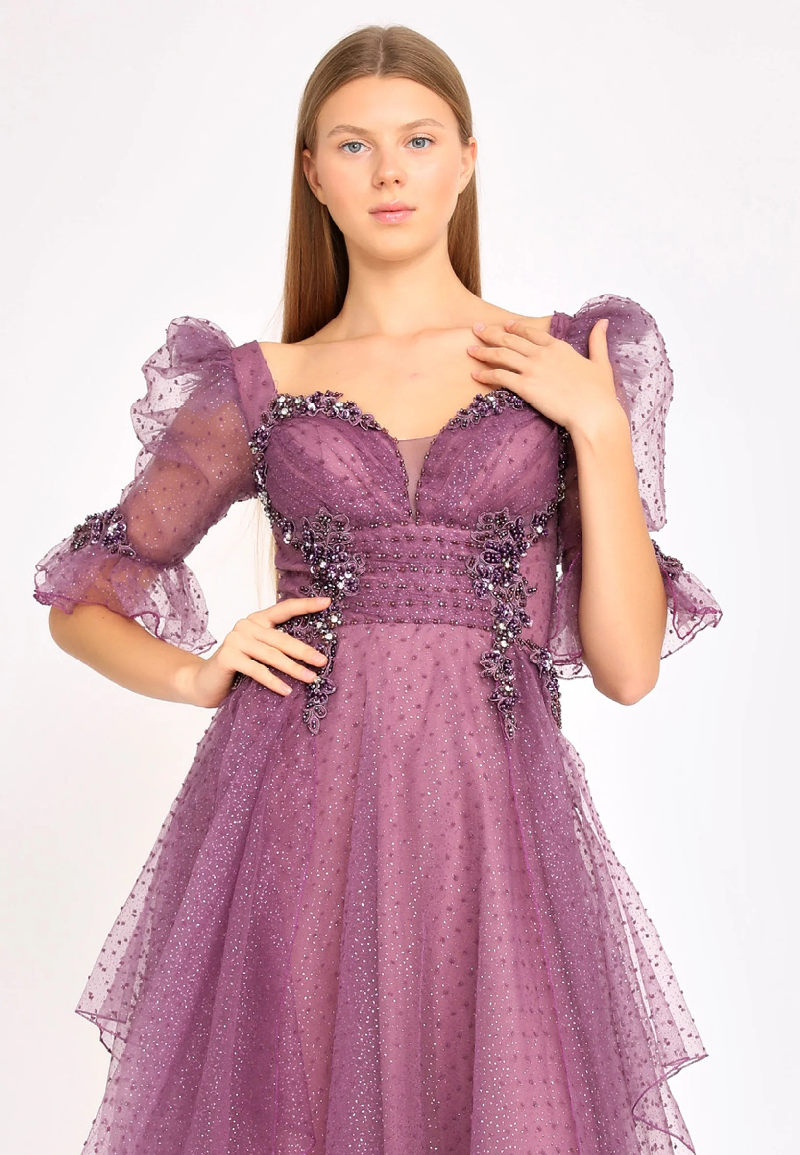 Short Sleeve Maxi Tulle A - Line Regular Prom Dress rmn3105 - Image 12