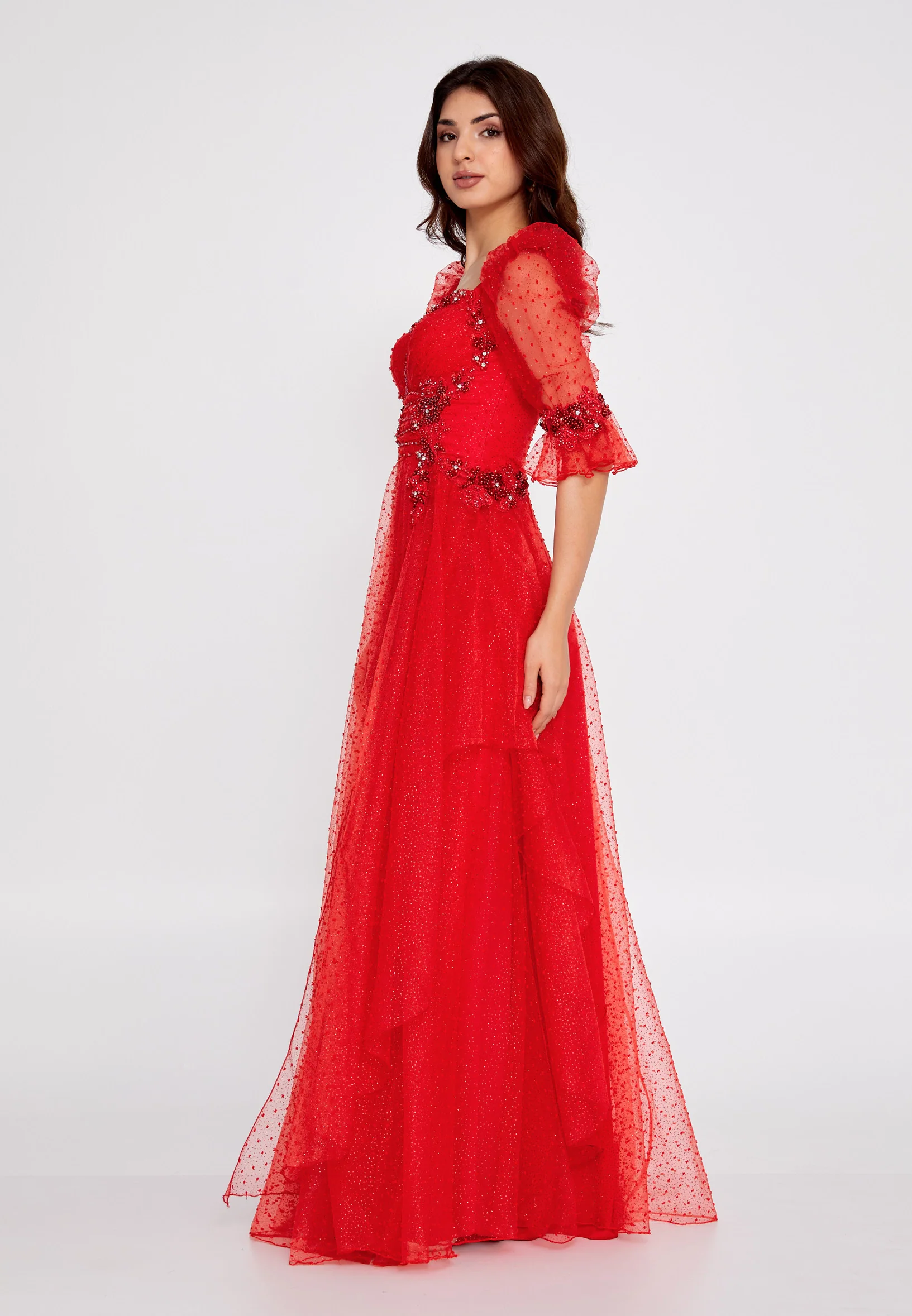Short Sleeve Maxi Tulle A - Line Regular Prom Dress rmn3105 - Image 15
