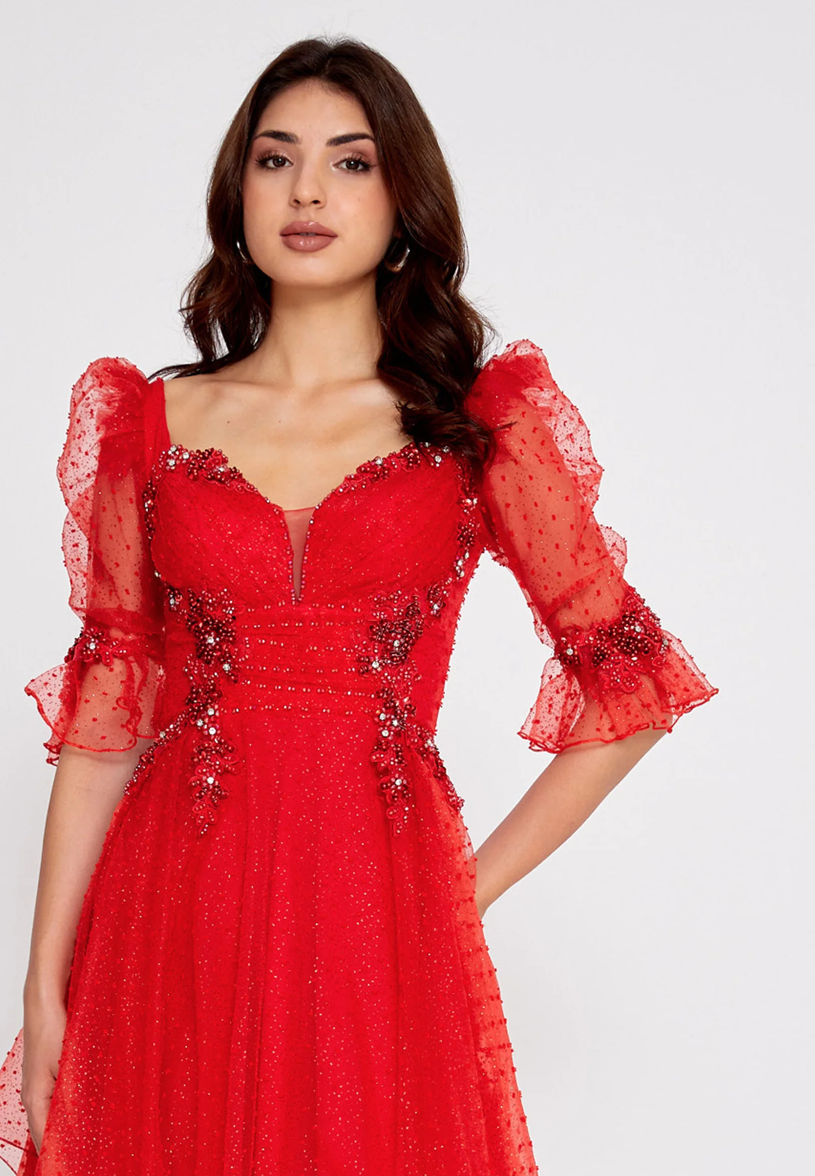 Short Sleeve Maxi Tulle A - Line Regular Prom Dress rmn3105 - Image 16