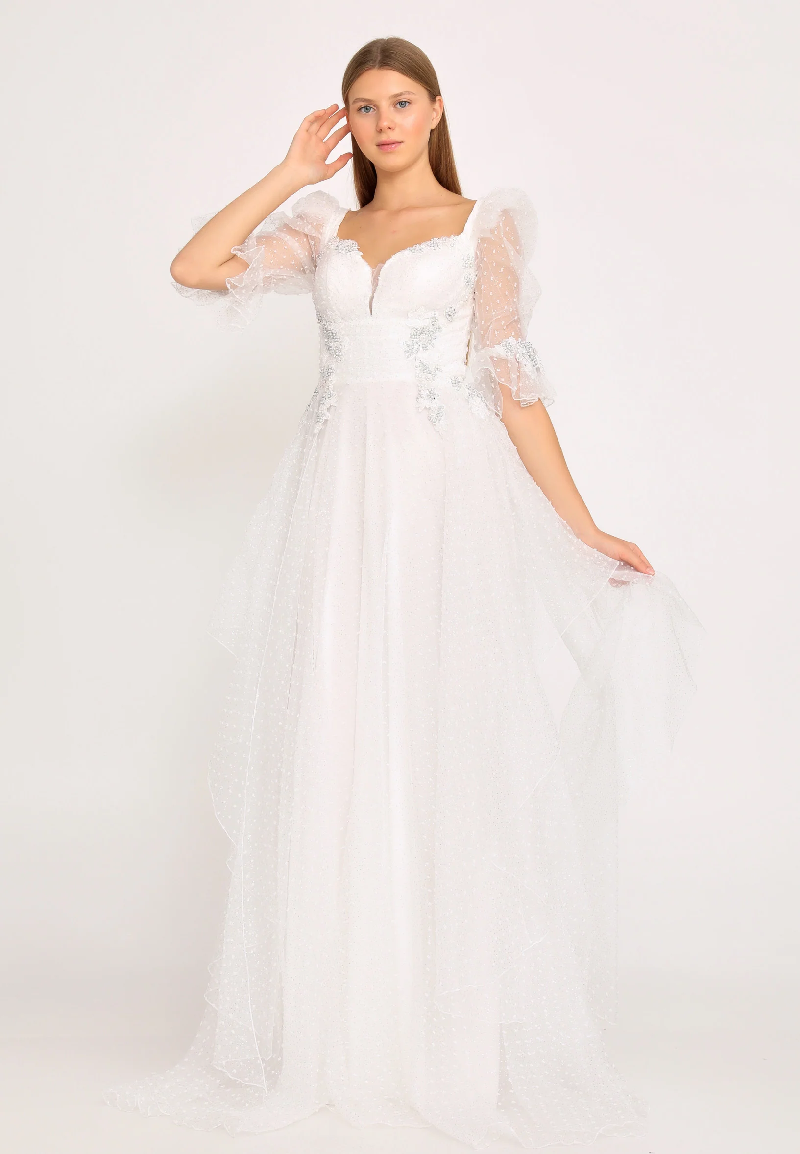 Short Sleeve Maxi Tulle A - Line Regular Prom Dress rmn3105 - Image 17
