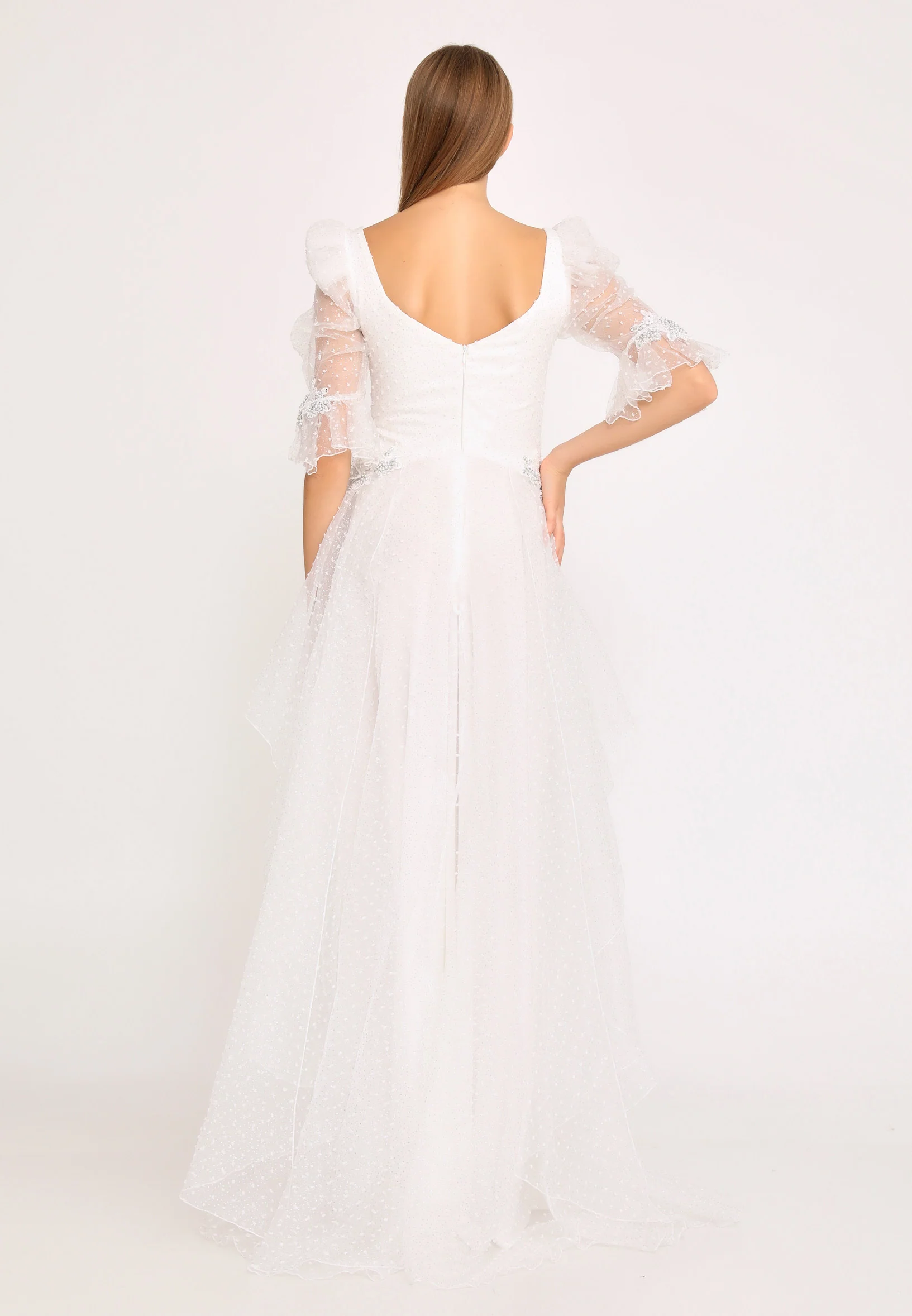 Short Sleeve Maxi Tulle A - Line Regular Prom Dress rmn3105 - Image 18