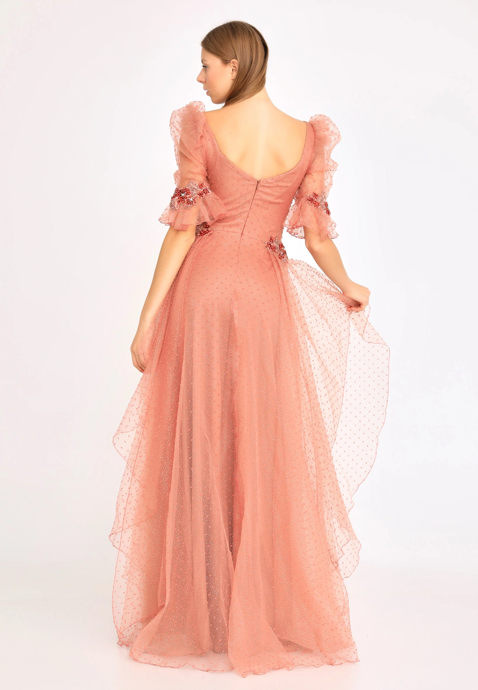 Short Sleeve Maxi Tulle A - Line Regular Prom Dress rmn3105 - Image 2