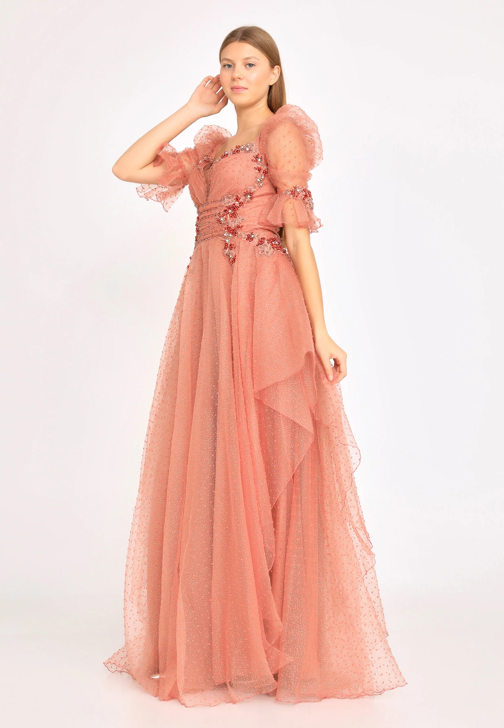 Short Sleeve Maxi Tulle A - Line Regular Prom Dress rmn3105 - Image 3