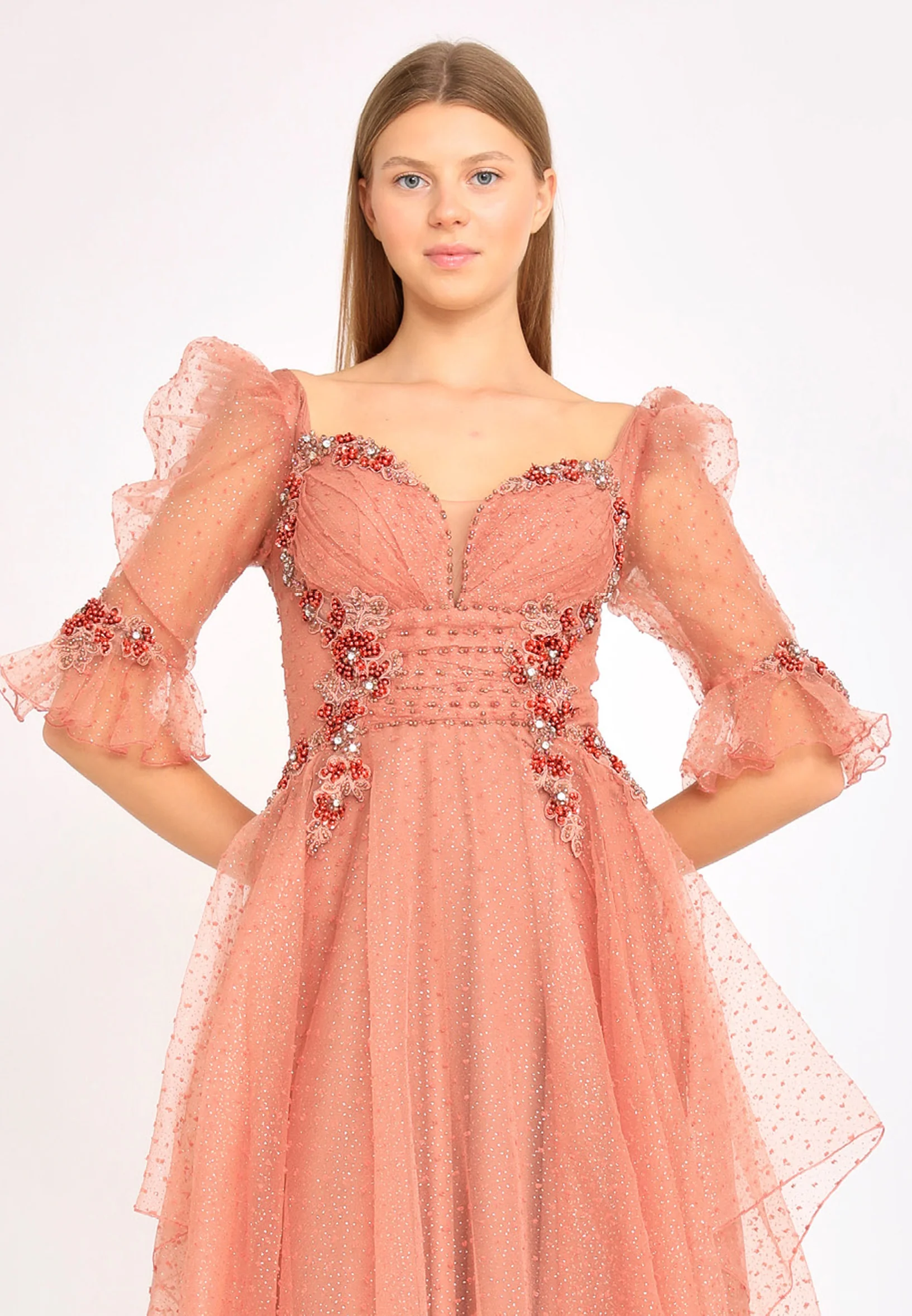 Short Sleeve Maxi Tulle A - Line Regular Prom Dress rmn3105 - Image 4