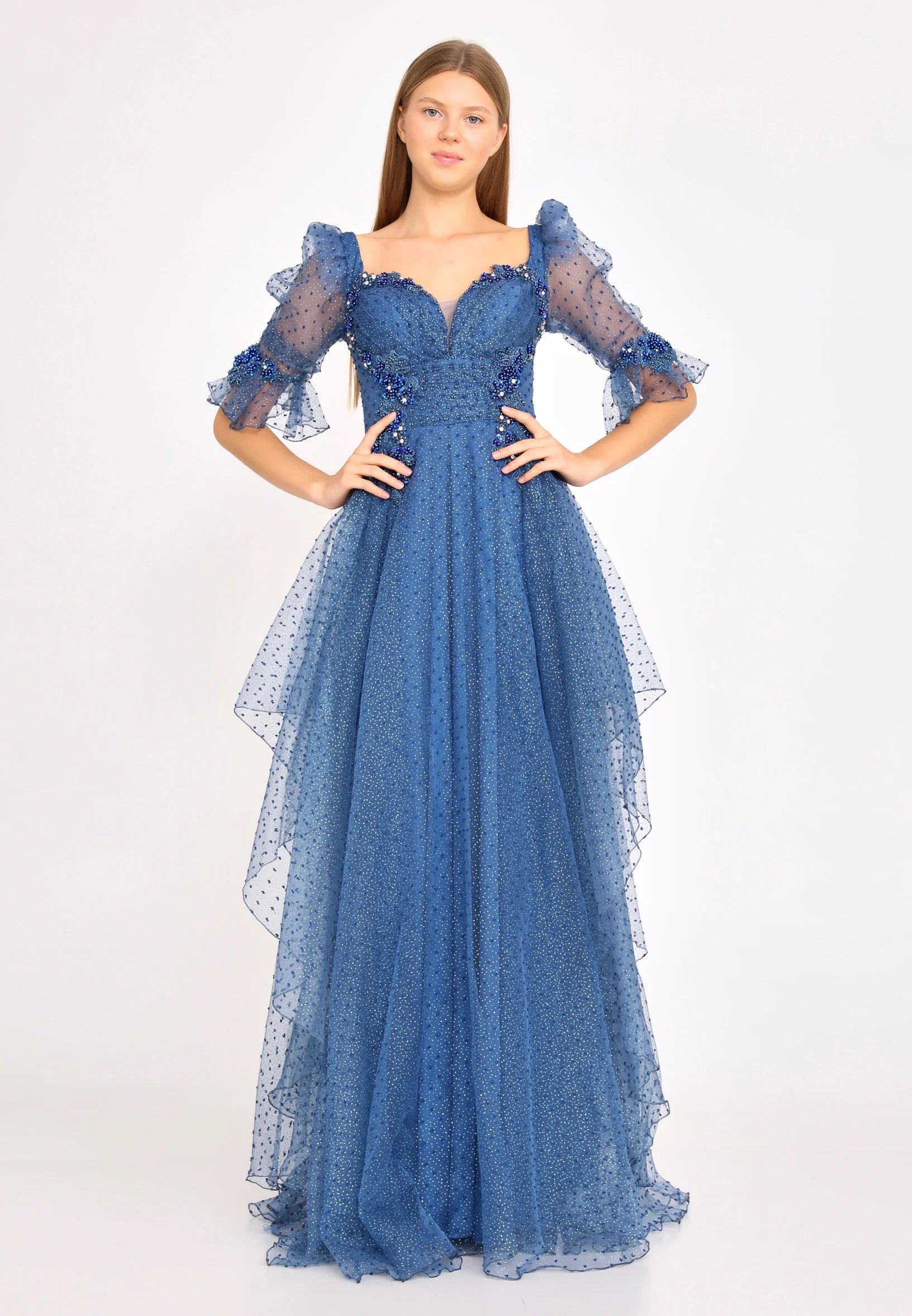 Short Sleeve Maxi Tulle A - Line Regular Prom Dress rmn3105 - Image 5
