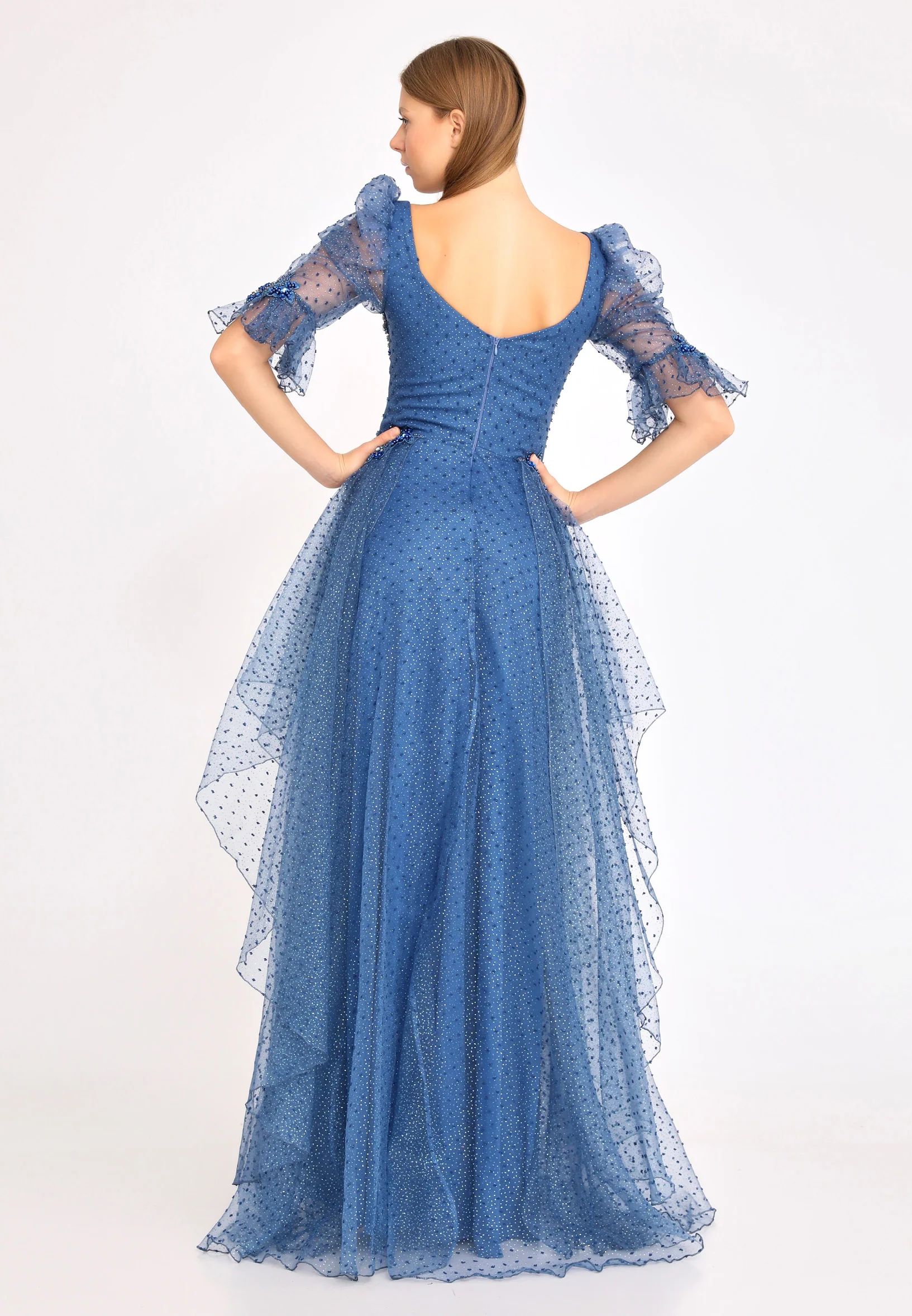 Short Sleeve Maxi Tulle A - Line Regular Prom Dress rmn3105 - Image 6