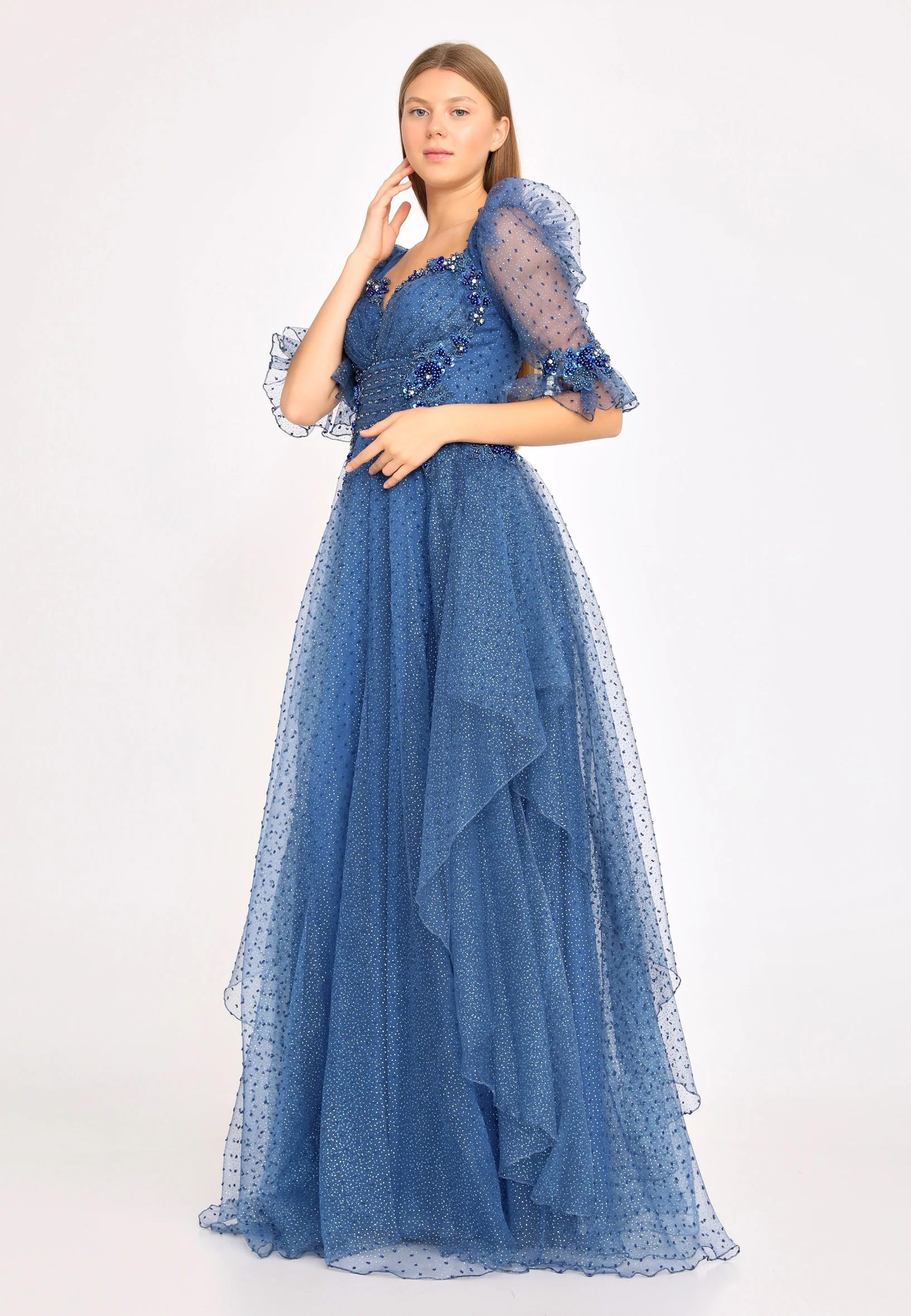 Short Sleeve Maxi Tulle A - Line Regular Prom Dress rmn3105 - Image 7