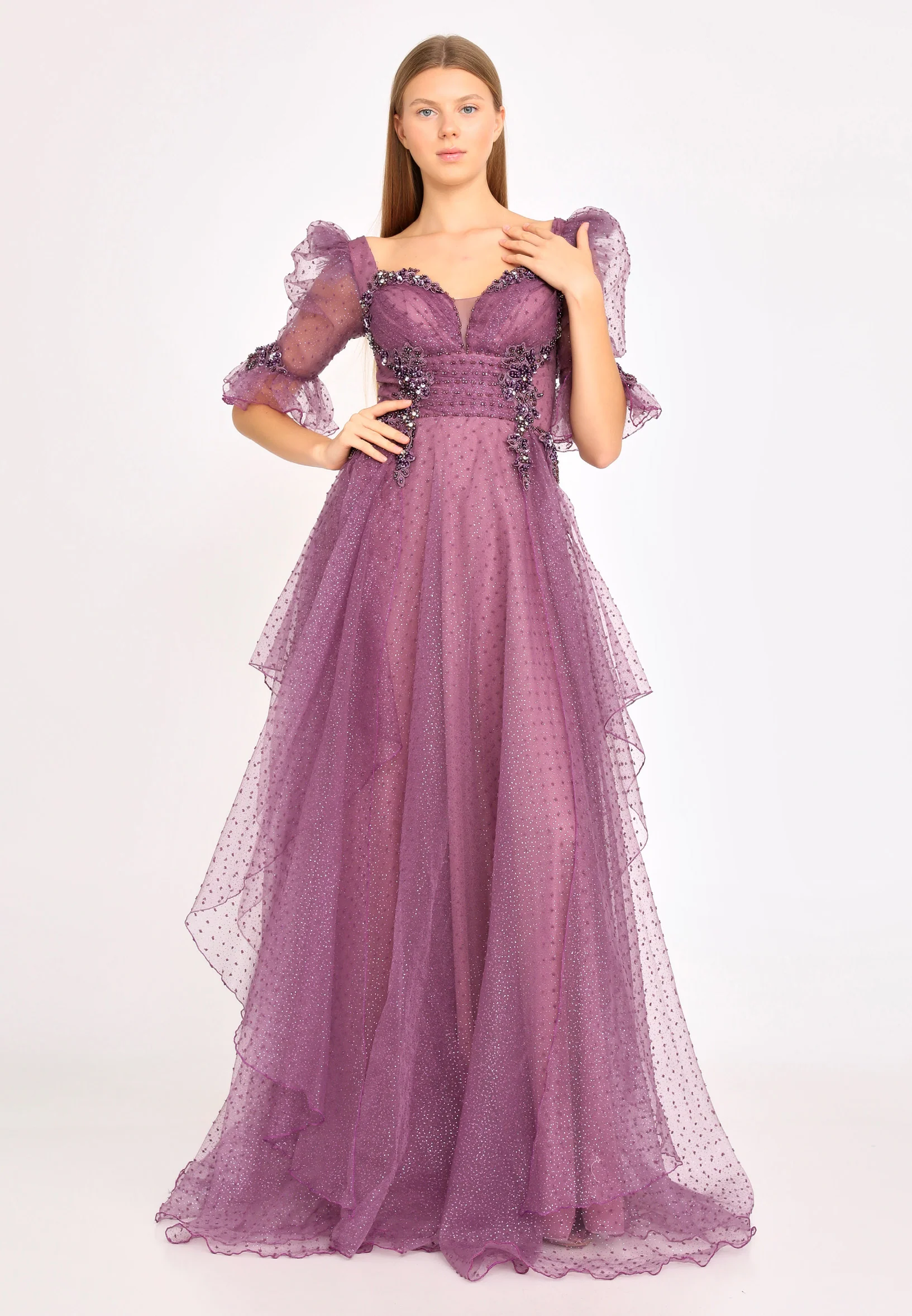 Short Sleeve Maxi Tulle A - Line Regular Prom Dress rmn3105 - Image 9