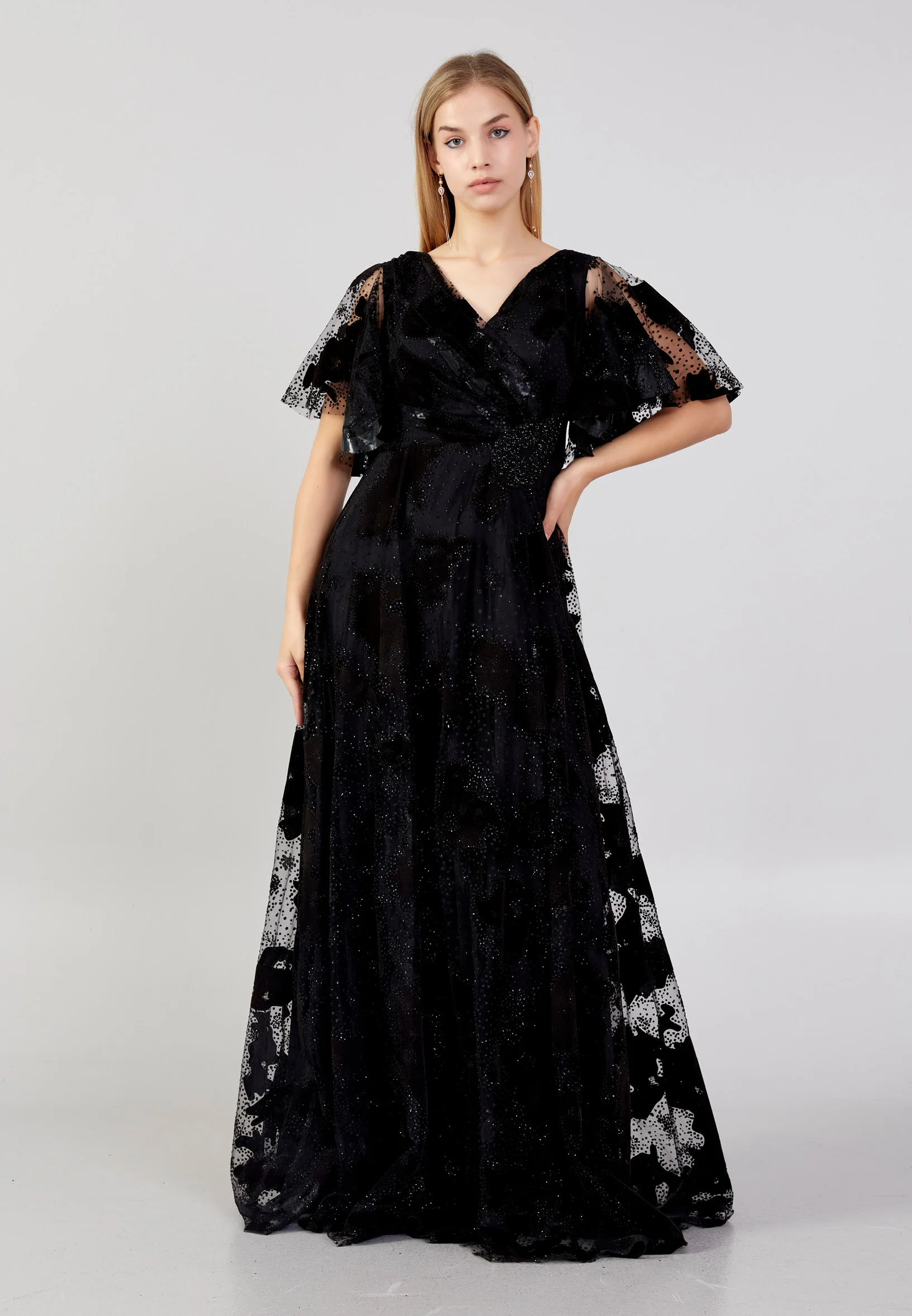 Short Sleeve Maxi Tulle Column Plus Size Evening Dress ron7160