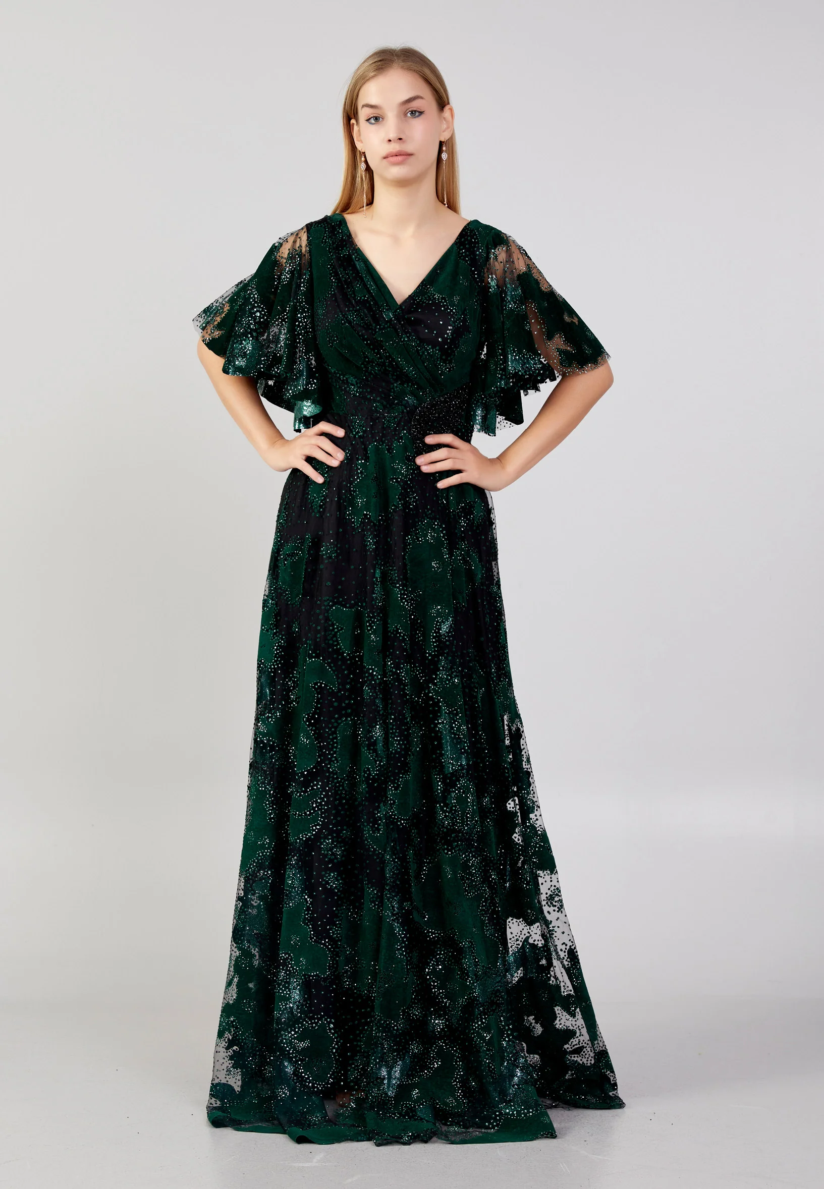 Short Sleeve Maxi Tulle Column Plus Size Evening Dress ron7160 - Image 9