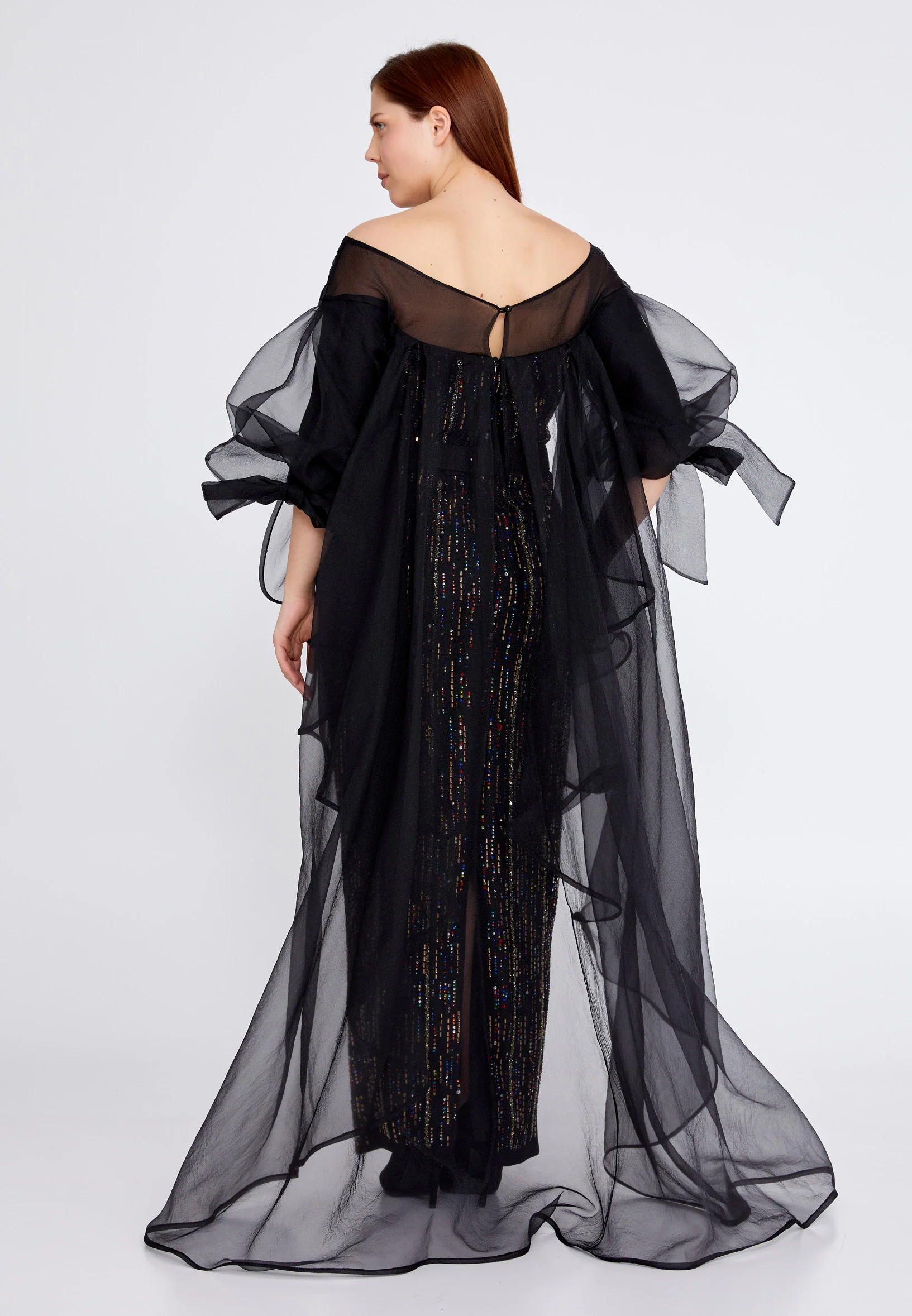 Short Sleeve Maxi Tulle Column Plus Size Prom Dress crm0879-b - Image 2