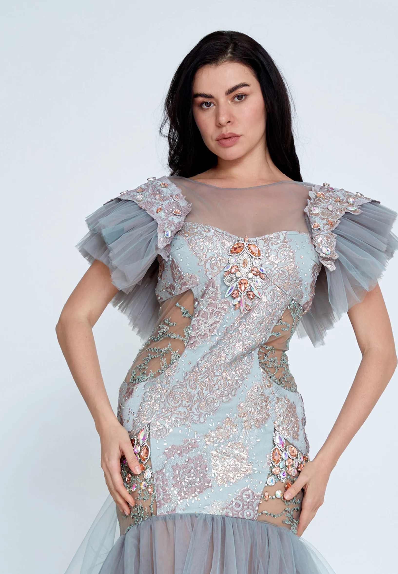 Short Sleeve Maxi Tulle Fit & Flare Regular Prom Dress mtn88150 - Image 4