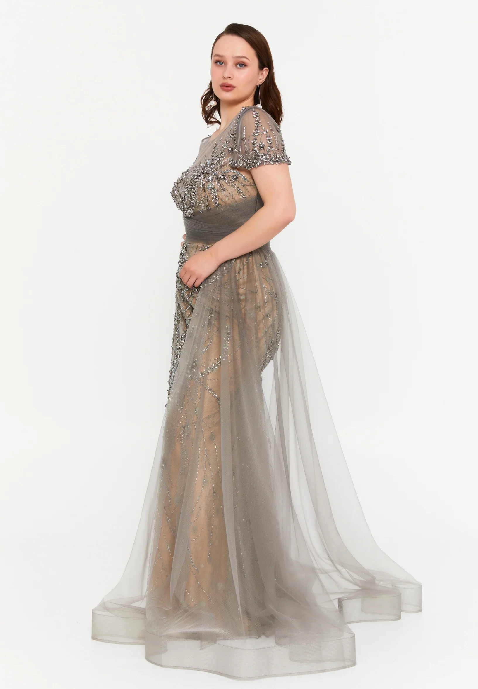 Short Sleeve Maxi Tulle Mermaid Plus Size Wedding Guest Dress mtc6422 - Image 3