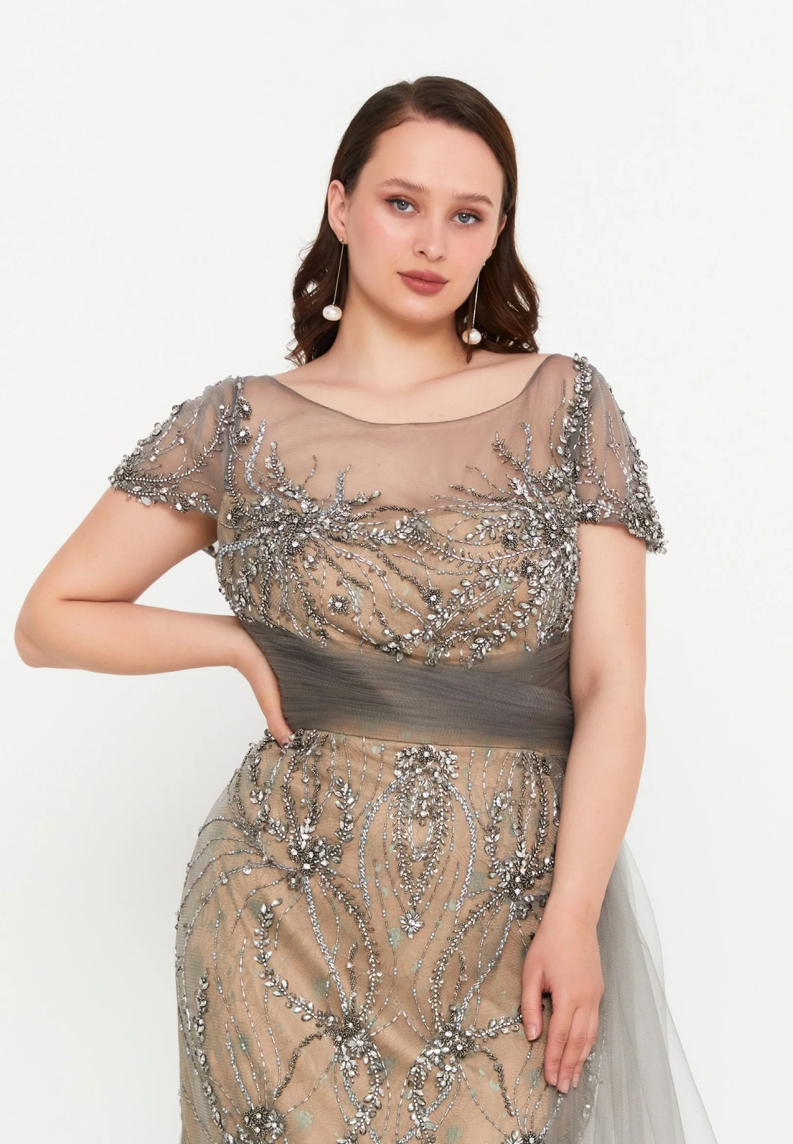 Short Sleeve Maxi Tulle Mermaid Plus Size Wedding Guest Dress mtc6422 - Image 4
