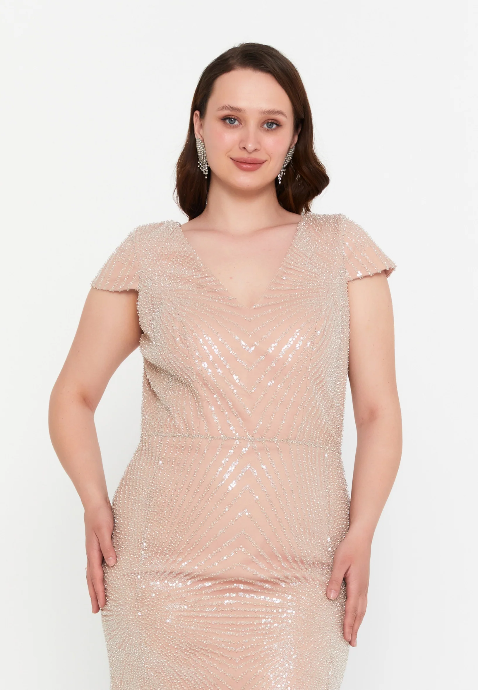 Short Sleeve Maxi Tulle Mermaid Plus Size Wedding Guest Dress mtr99124 - Image 16