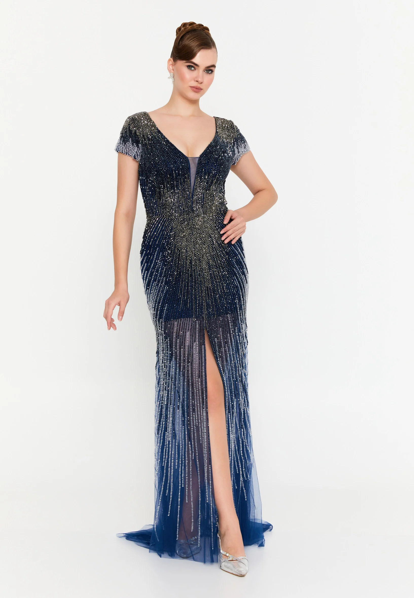 Short Sleeve Maxi Tulle Mermaid Regular Prom Dress mti1207 - Image 5