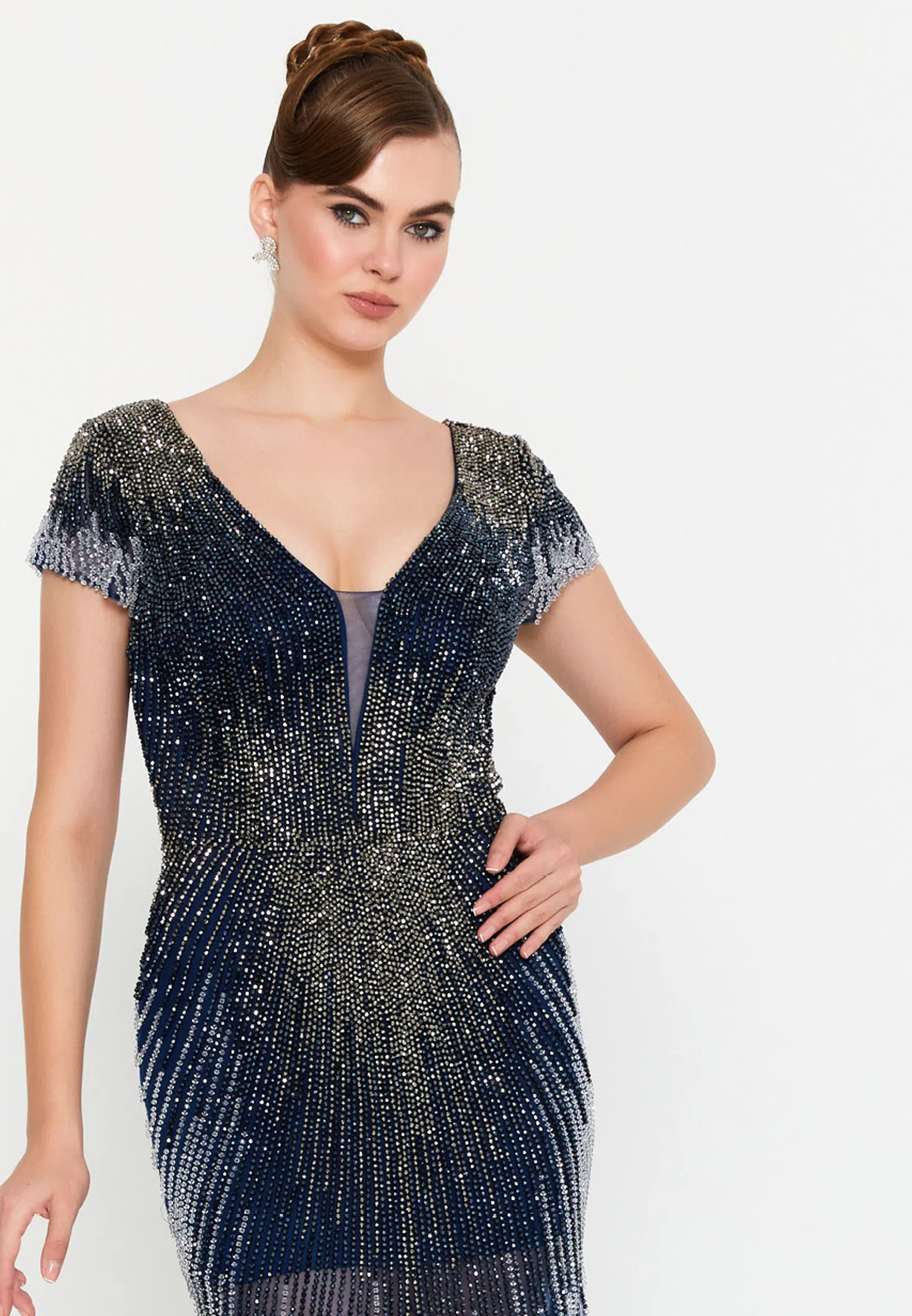 Short Sleeve Maxi Tulle Mermaid Regular Prom Dress mti1207 - Image 8