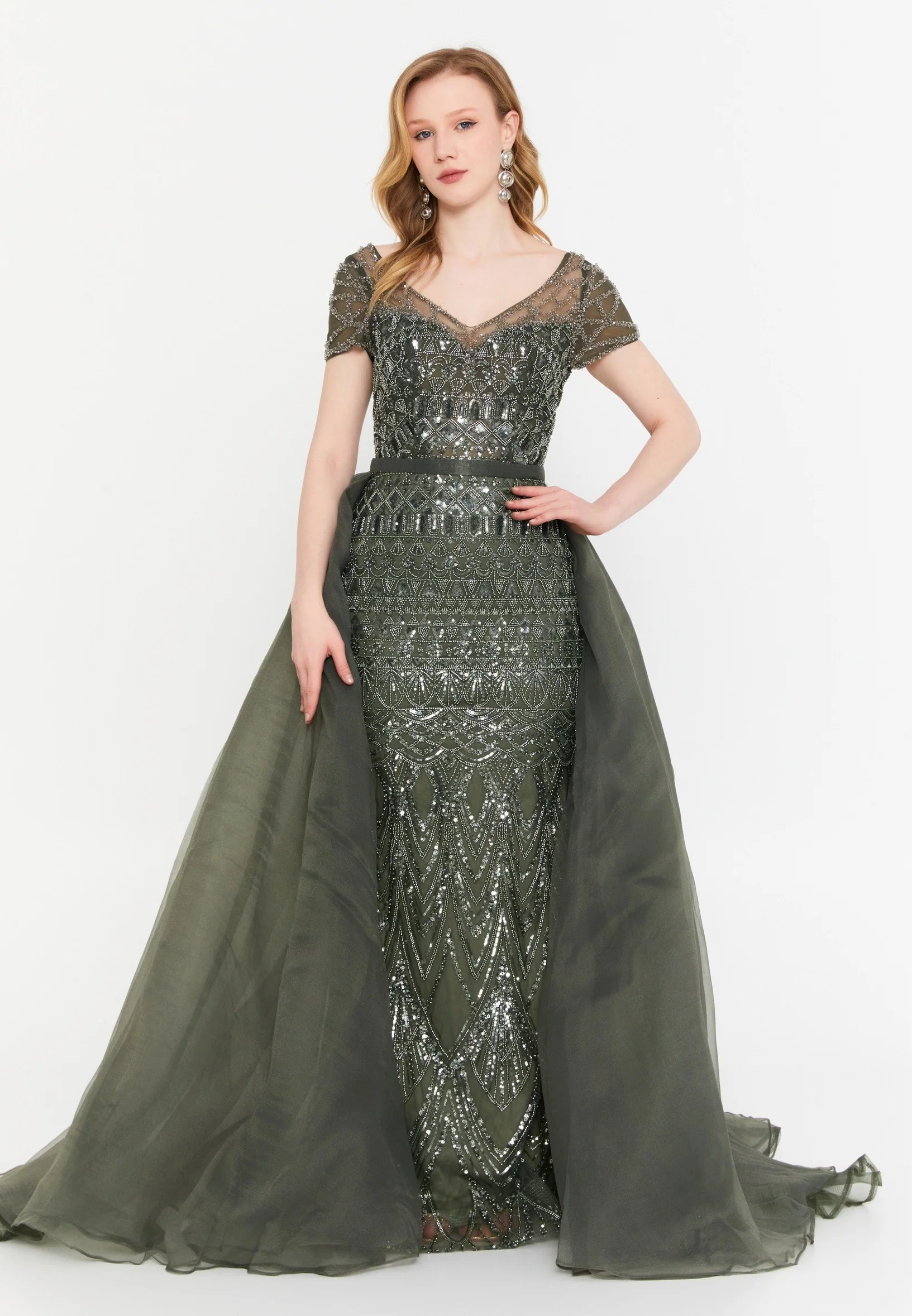 Short Sleeve Maxi Tulle Mermaid Regular Wedding Guest Dress mtc2616 - Image 5
