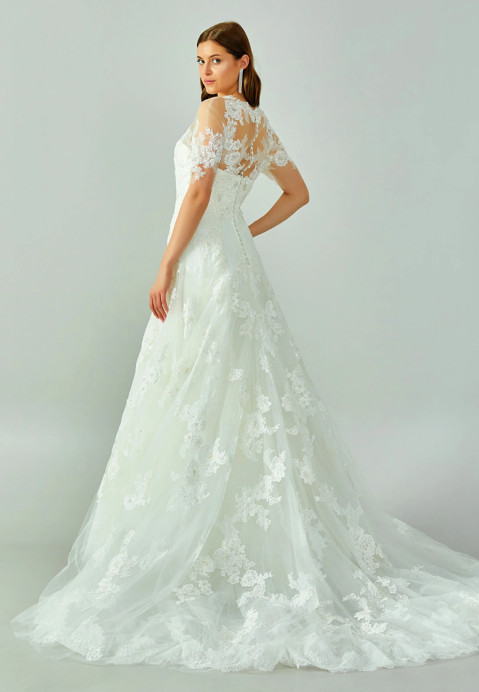 Short Sleeve Maxi Tulle Regular Wedding Dress enz01170 - Image 3
