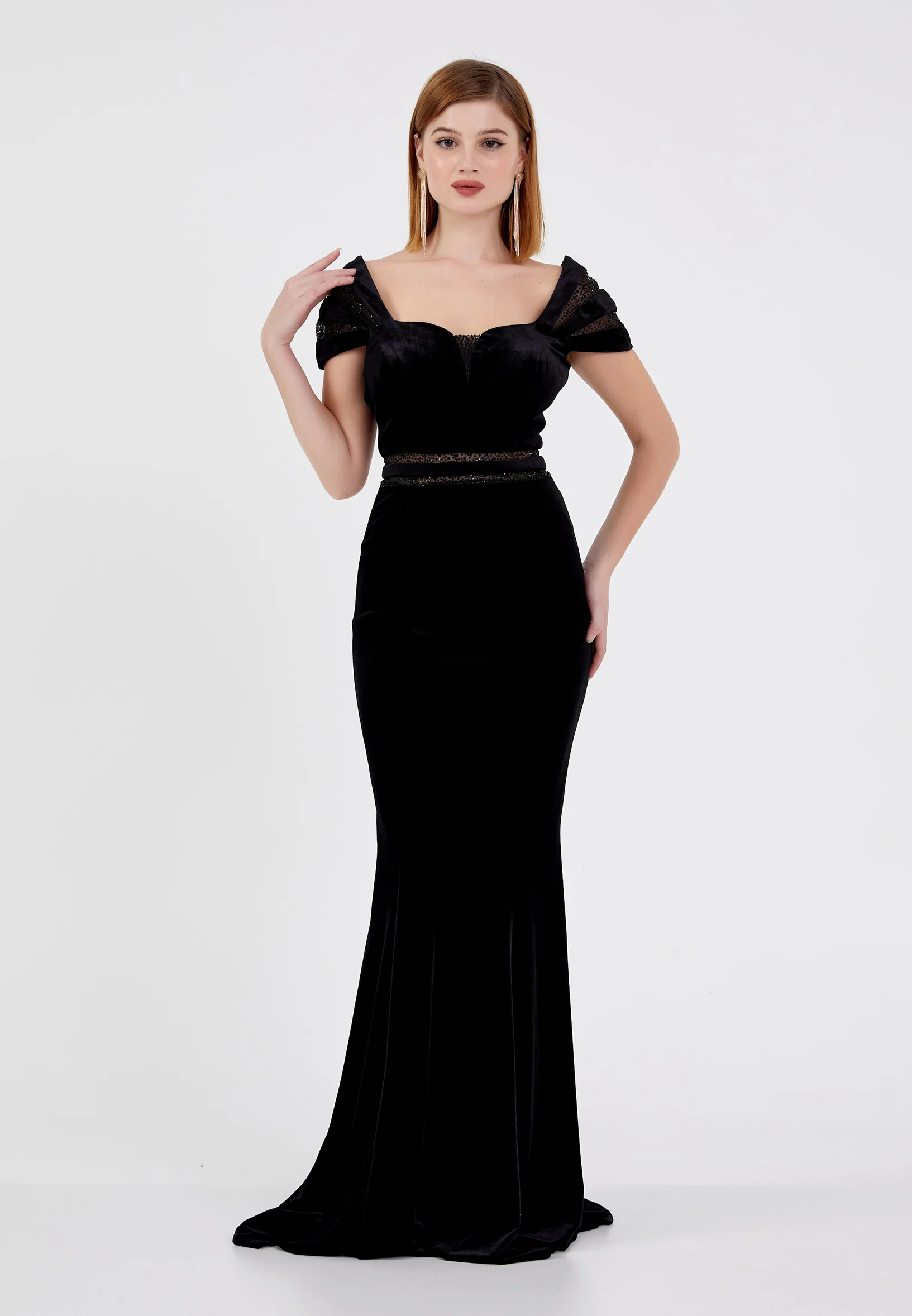 Short Sleeve Maxi Velvet Mermaid Regular Evening Dress frc0436