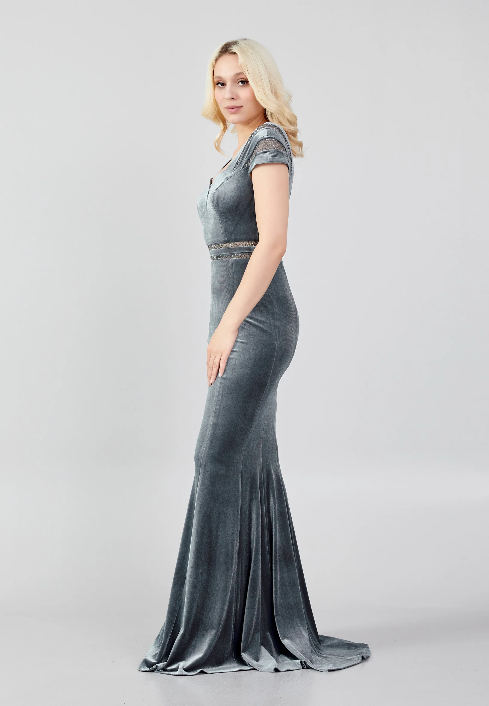 Short Sleeve Maxi Velvet Mermaid Regular Evening Dress frc0436 - Image 7
