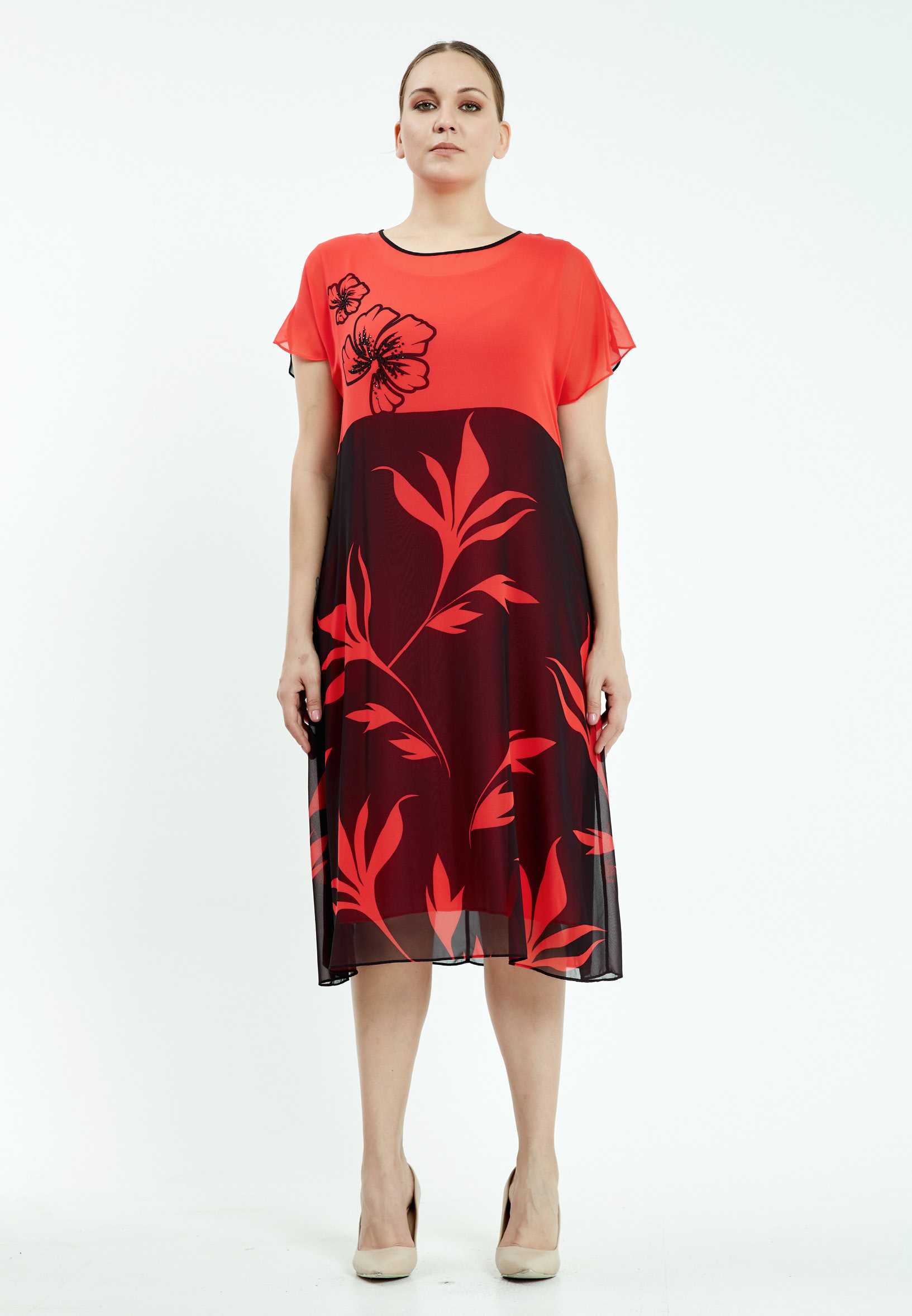 Short Sleeve Midi Chiffon Column Plus Size Casual Dress ayb19y9089