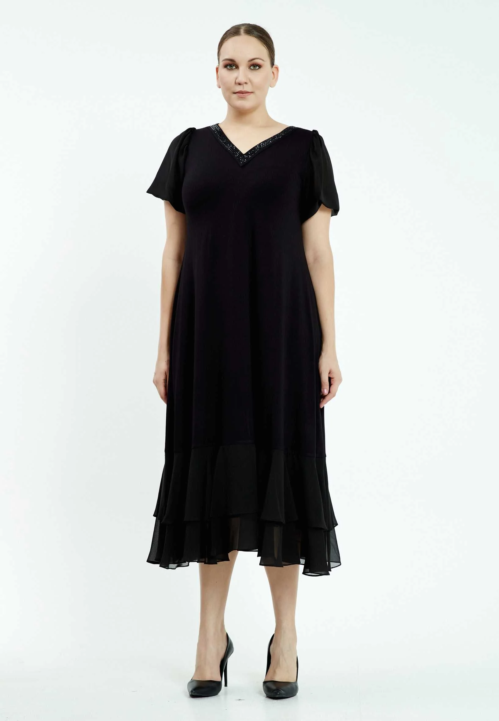 Short Sleeve Midi Chiffon Column Plus Size Casual Dress ayb20y9549