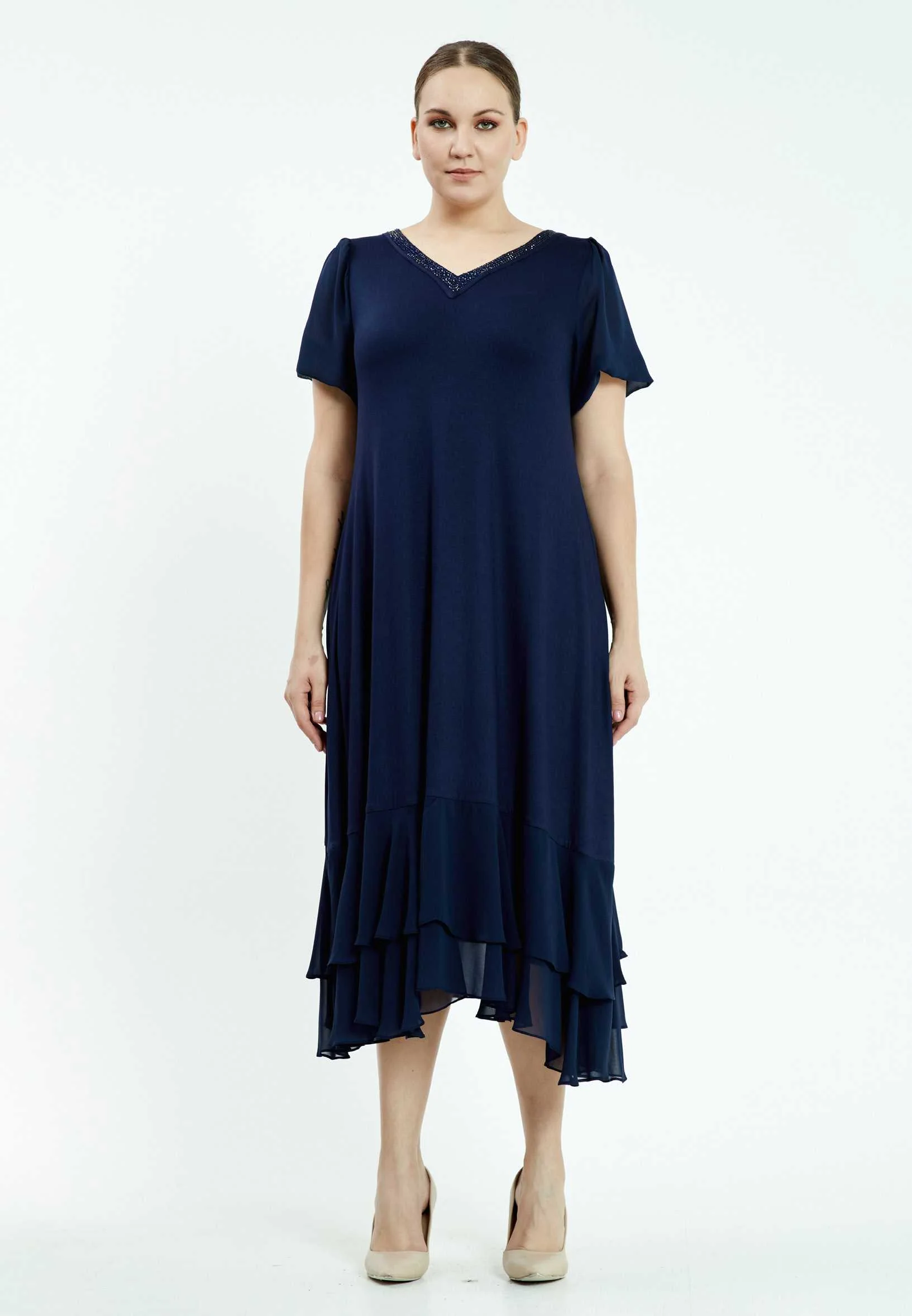 Short Sleeve Midi Chiffon Column Plus Size Casual Dress ayb20y9549 - Image 5