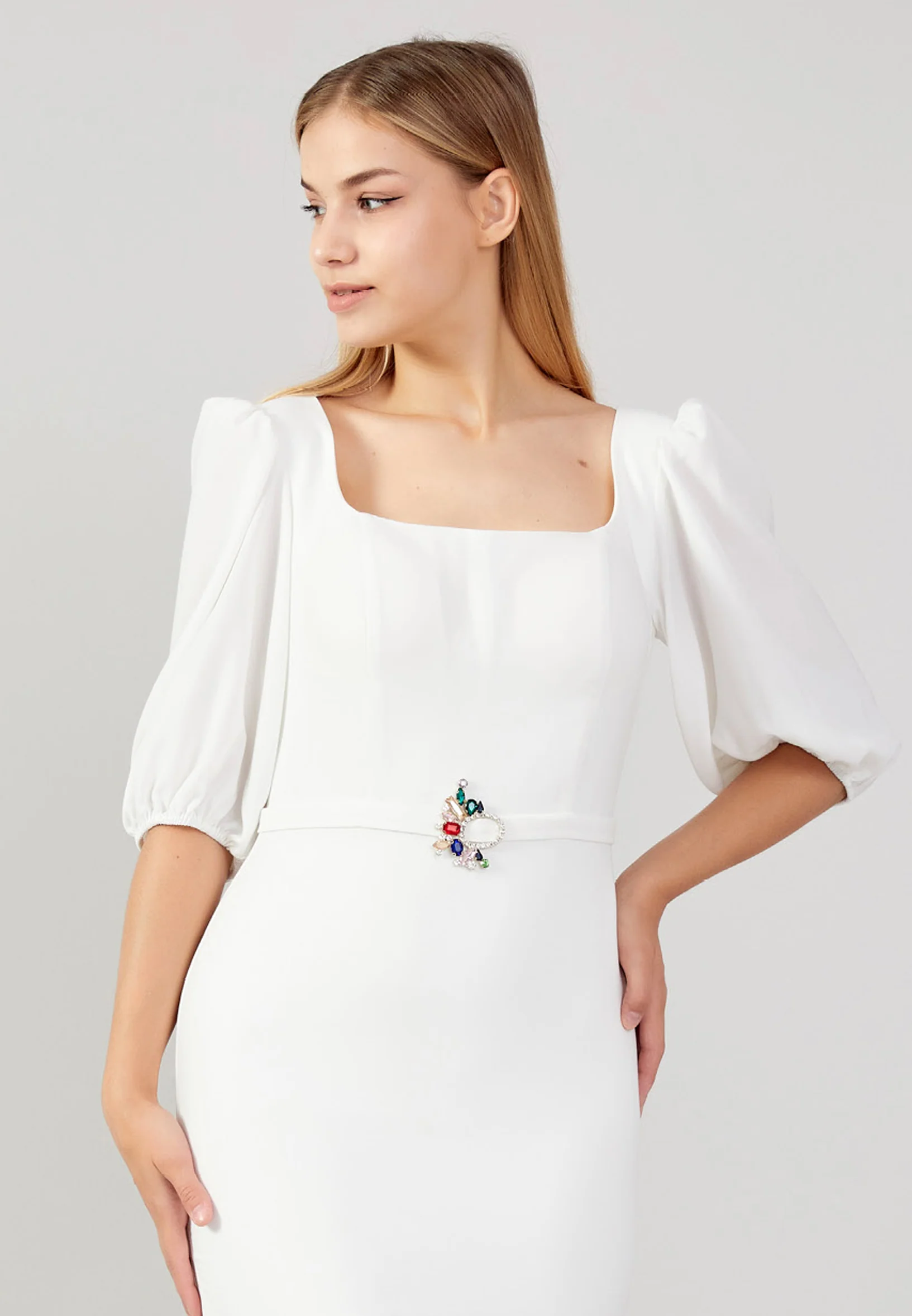 Short Sleeve Midi Crepe Column Plus Size Evening Dress jnm23-353-b - Image 20