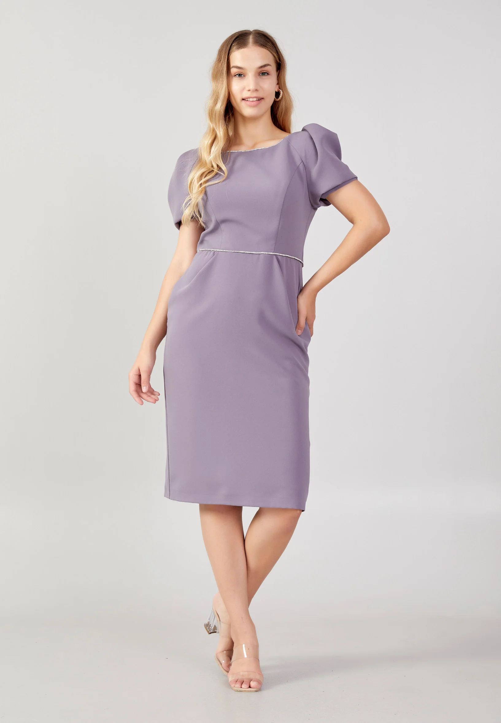 Short Sleeve Midi Crepe Column Plus Size Evening Dress jnm23-365-b - Image 9