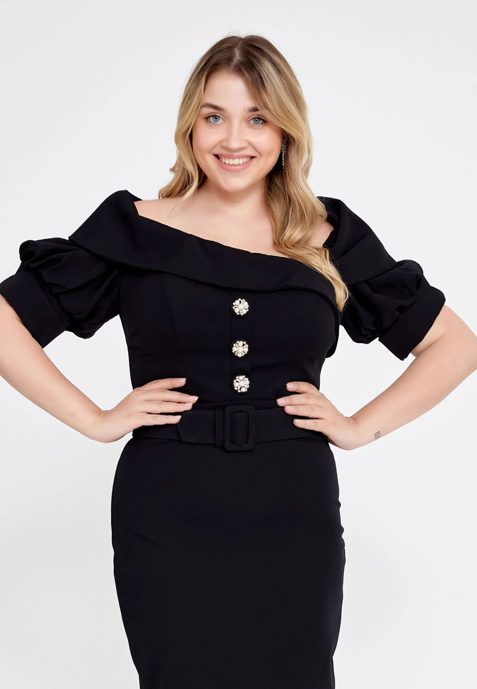 Short Sleeve Midi Crepe Column Plus Size Evening Dress pau6044-1 - Image 4