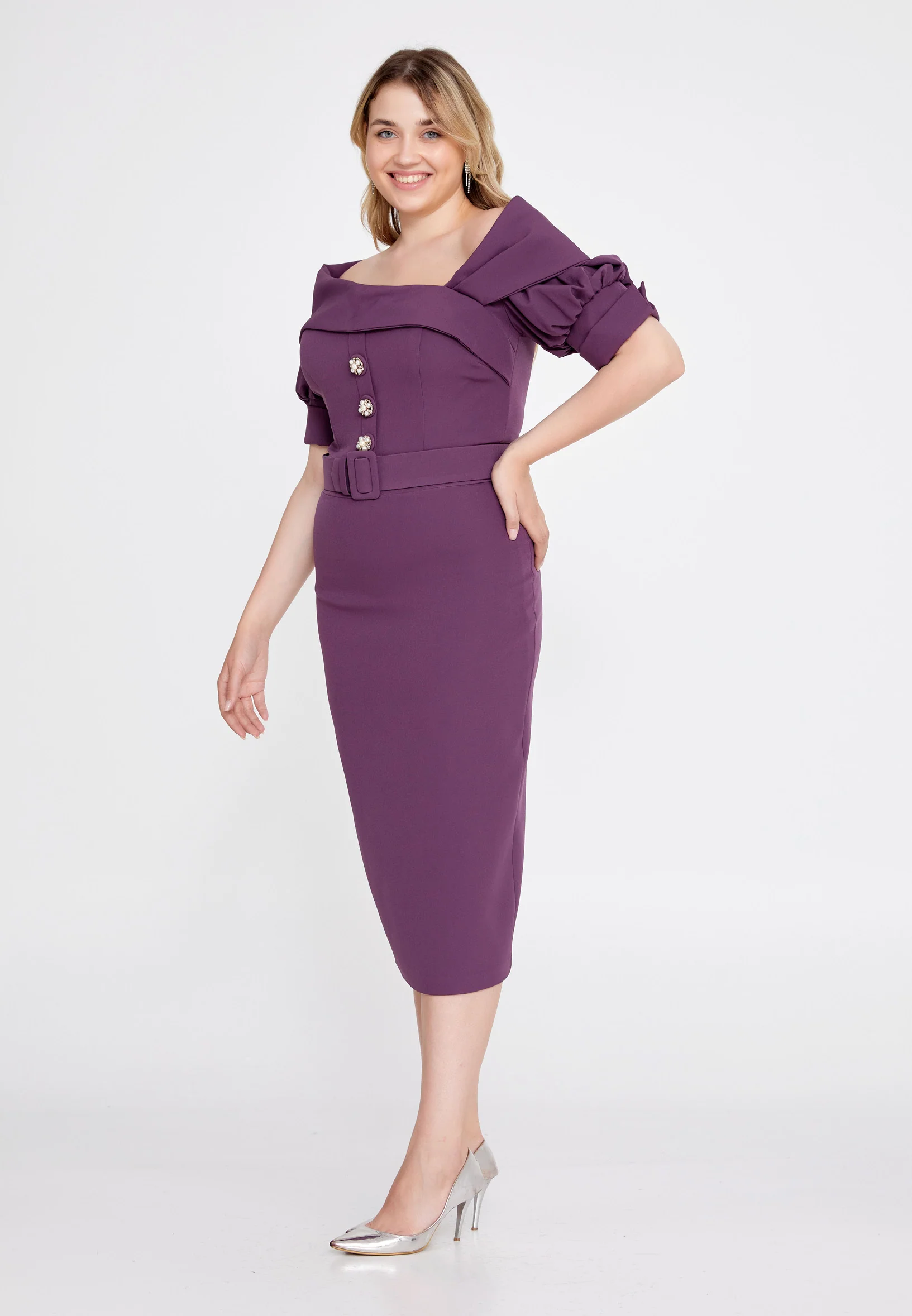 Short Sleeve Midi Crepe Column Plus Size Evening Dress pau6044-1 - Image 7