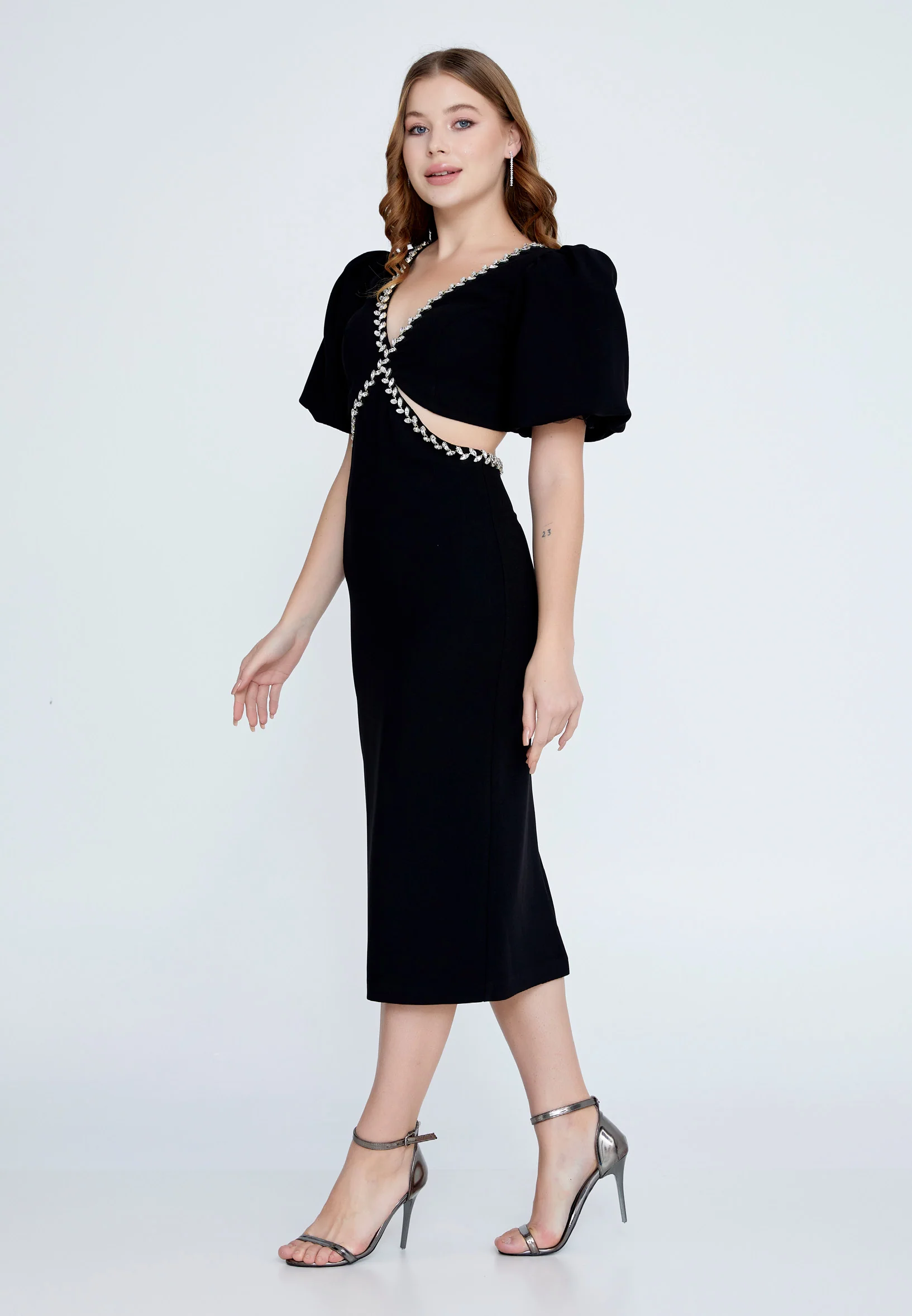 Short Sleeve Midi Crepe Column Regular Evening Dress jnm23-318 - Image 10