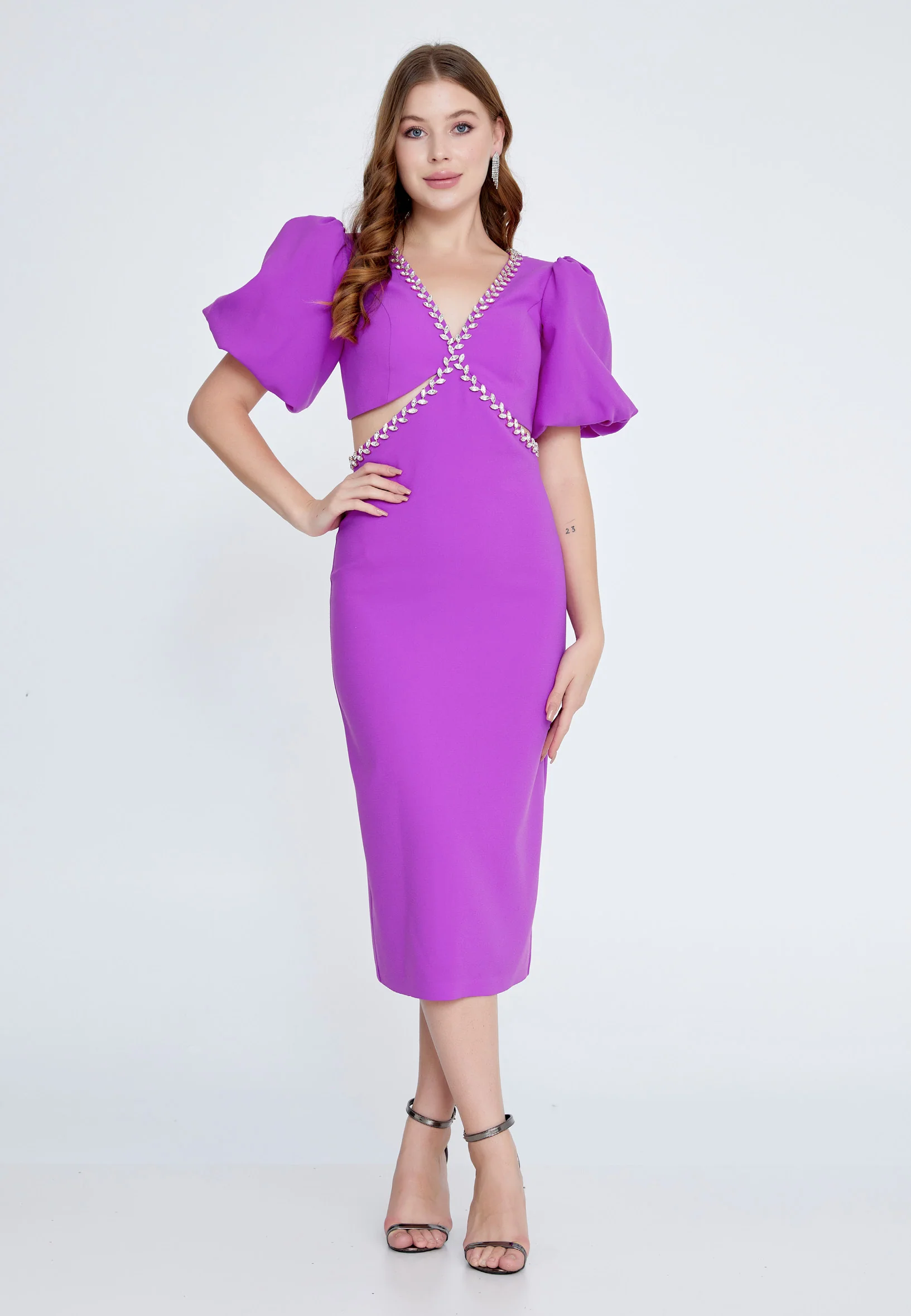 Short Sleeve Midi Crepe Column Regular Evening Dress jnm23-318 - Image 11