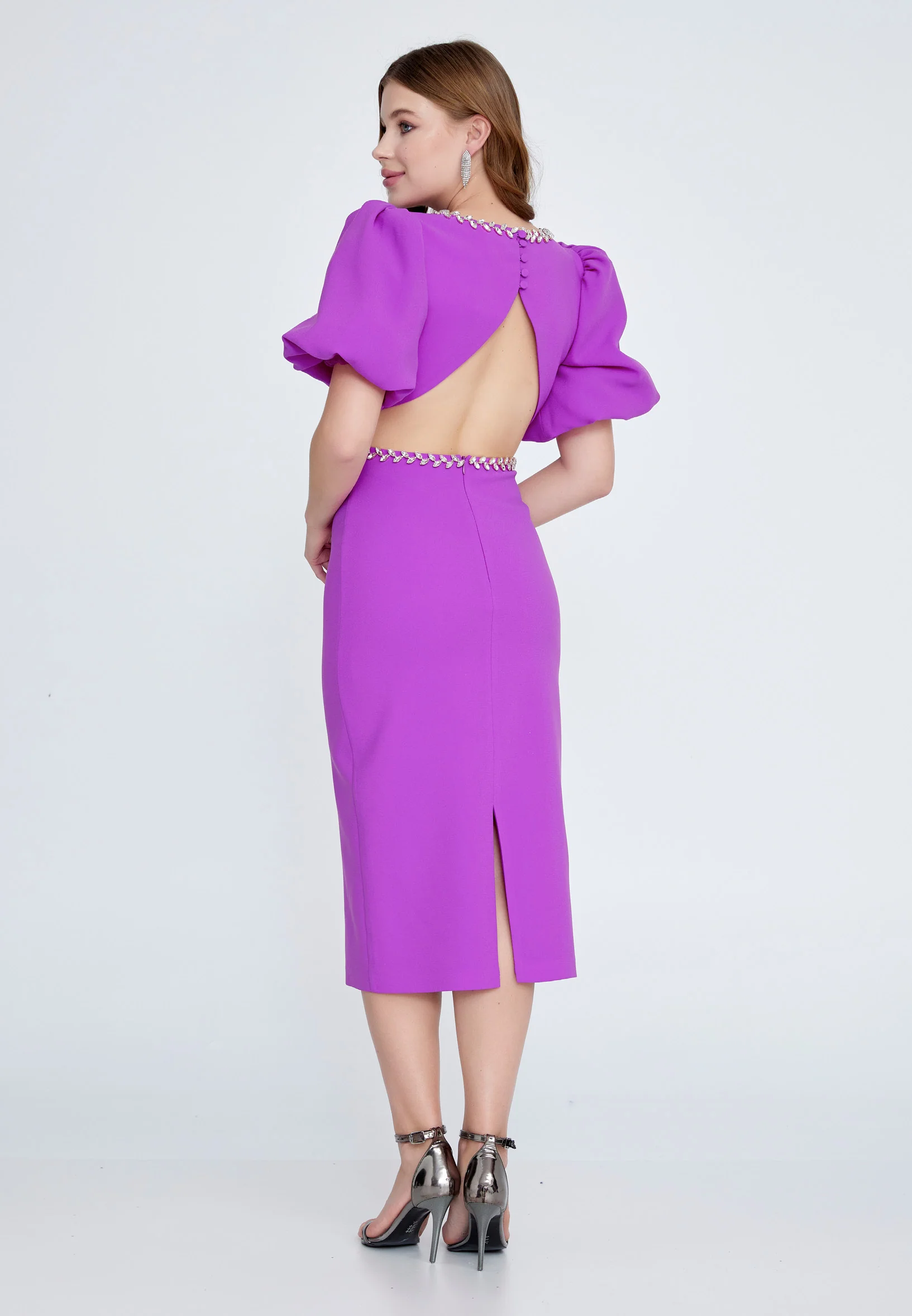 Short Sleeve Midi Crepe Column Regular Evening Dress jnm23-318 - Image 12