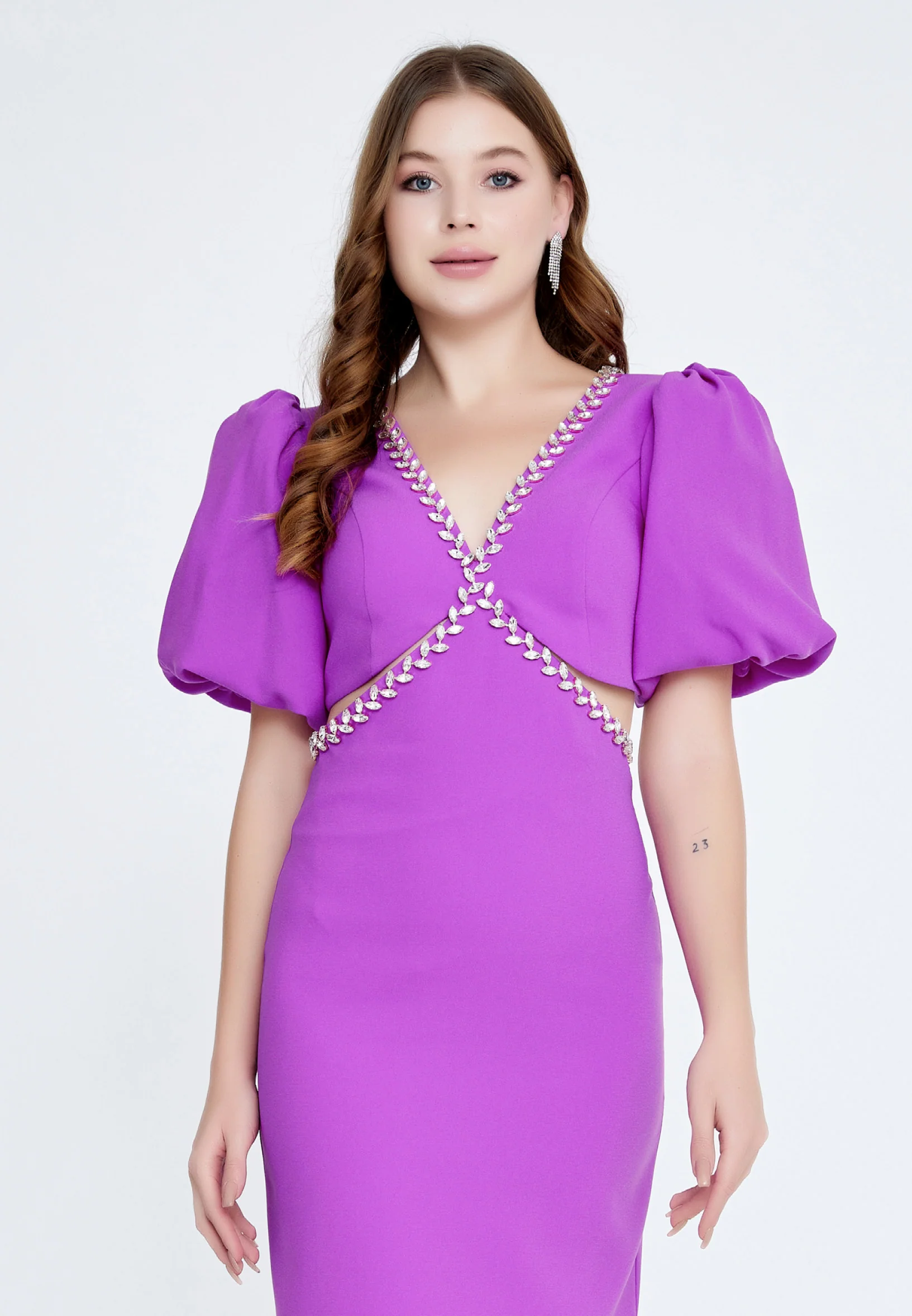Short Sleeve Midi Crepe Column Regular Evening Dress jnm23-318 - Image 14