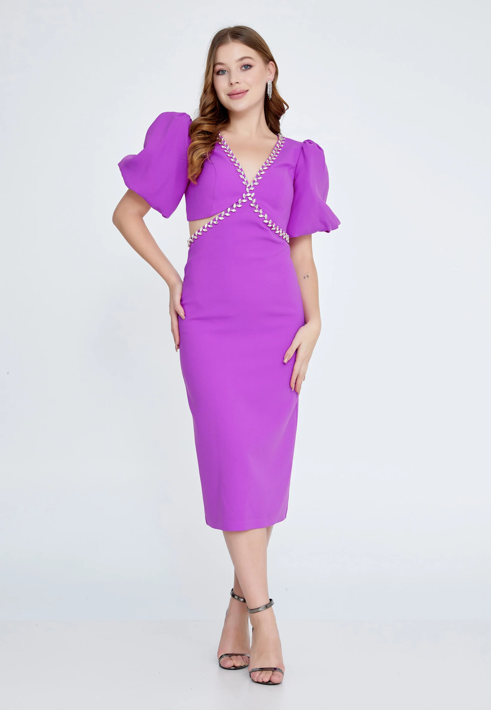 Short Sleeve Midi Crepe Column Regular Evening Dress jnm23-318 - Image 15