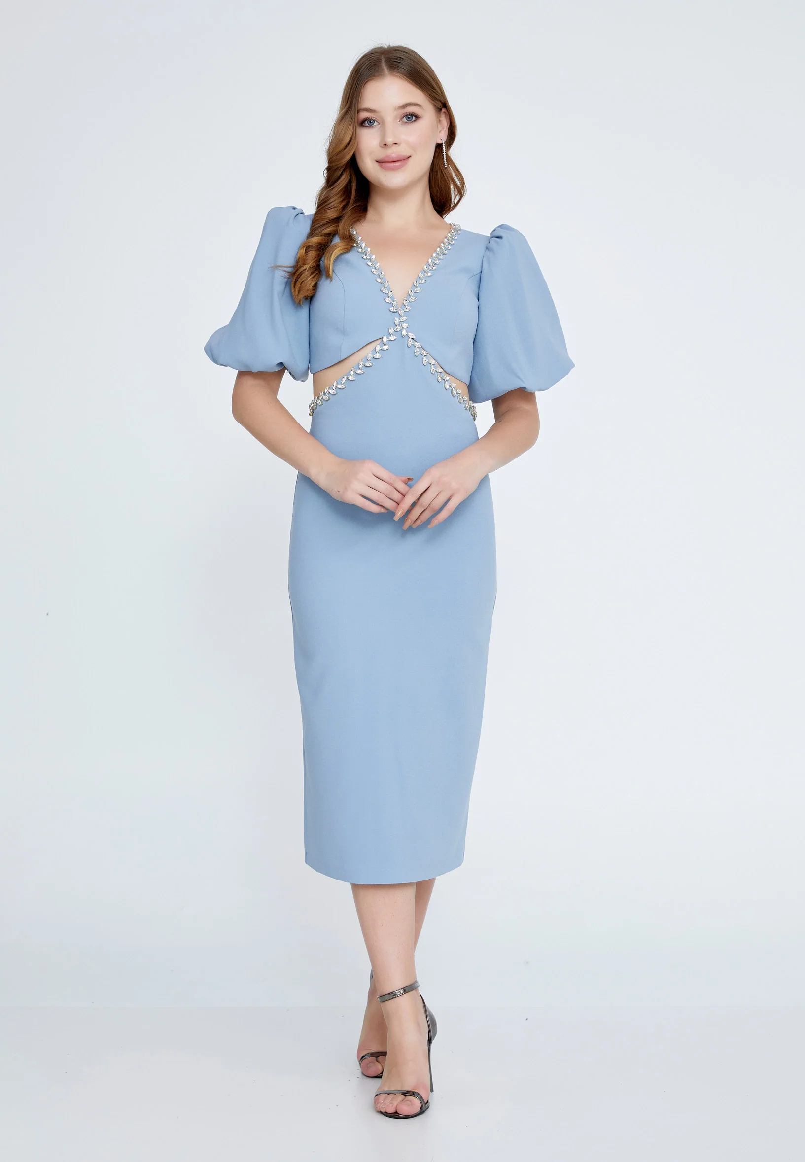 Short Sleeve Midi Crepe Column Regular Evening Dress jnm23-318 - Image 17