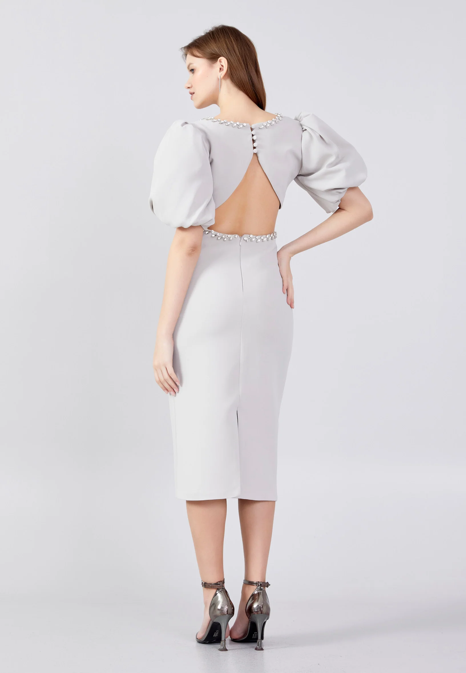 Short Sleeve Midi Crepe Column Regular Evening Dress jnm23-318 - Image 2