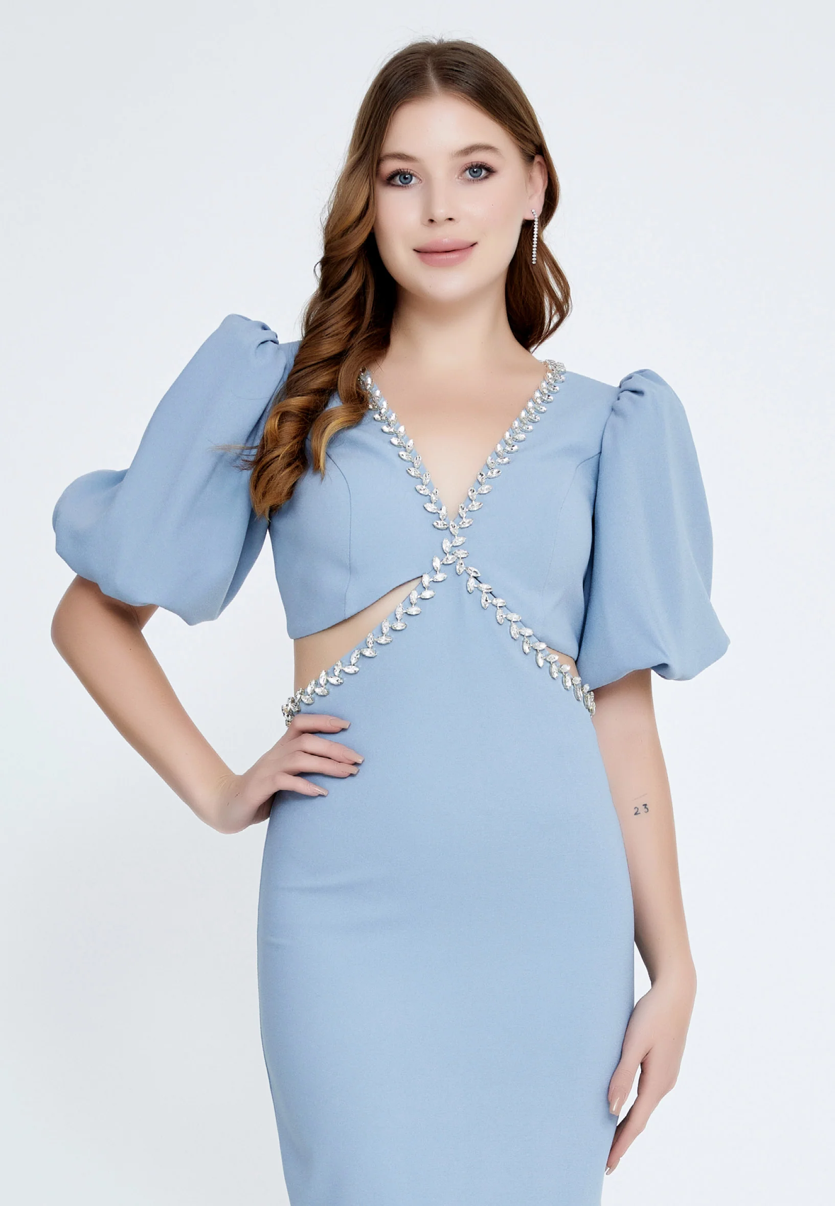 Short Sleeve Midi Crepe Column Regular Evening Dress jnm23-318 - Image 20
