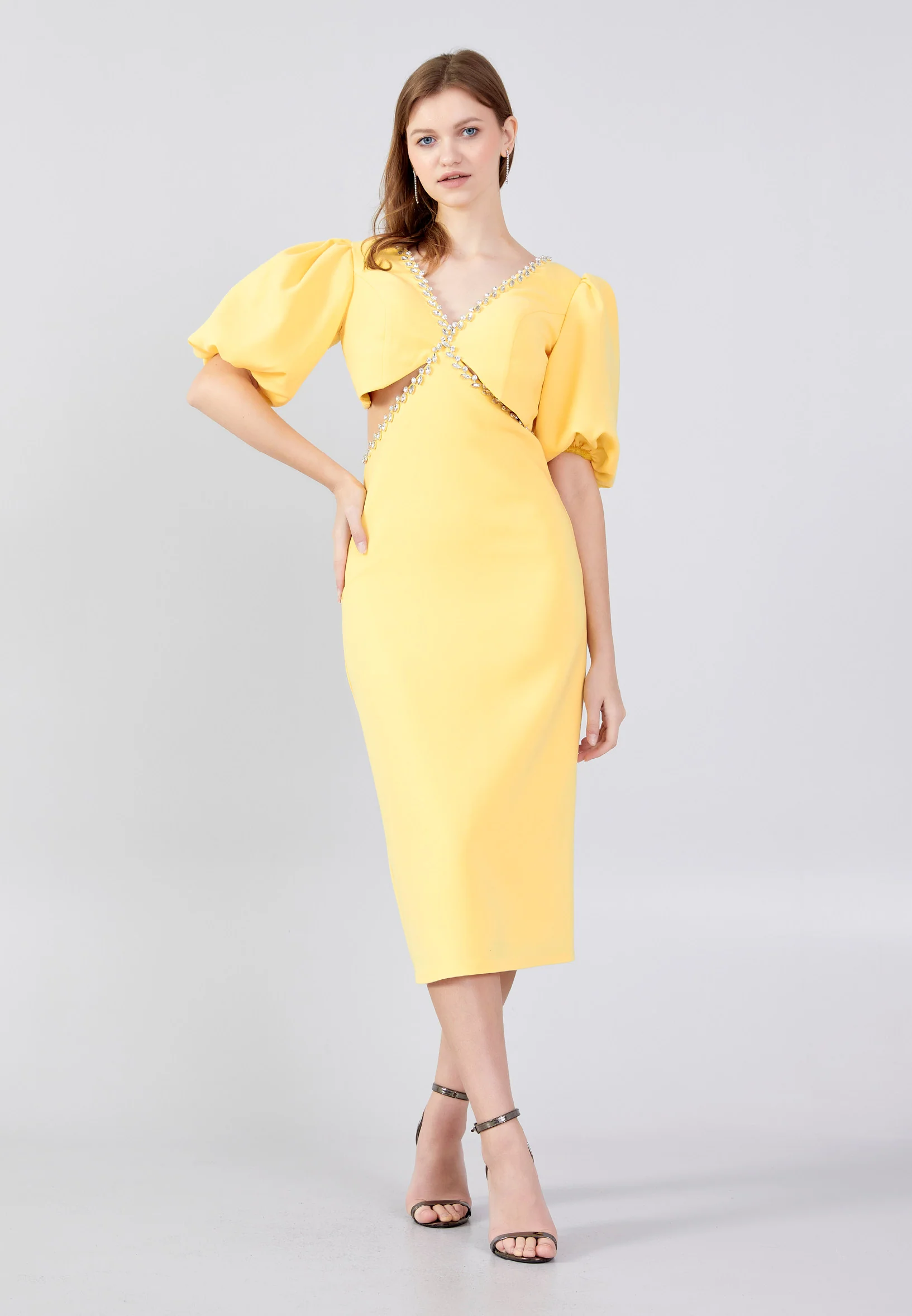 Short Sleeve Midi Crepe Column Regular Evening Dress jnm23-318 - Image 27