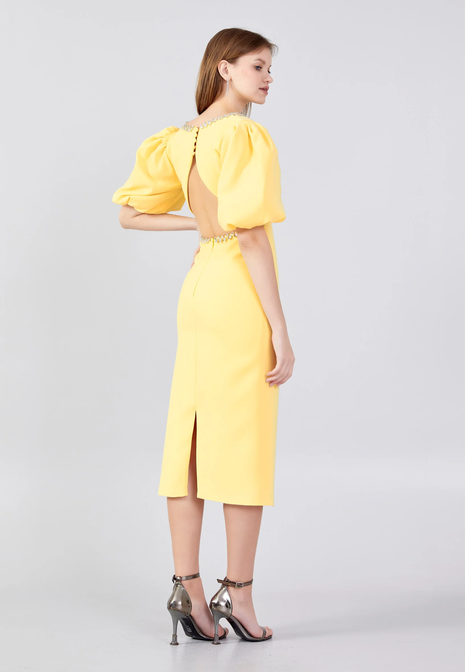 Short Sleeve Midi Crepe Column Regular Evening Dress jnm23-318 - Image 28