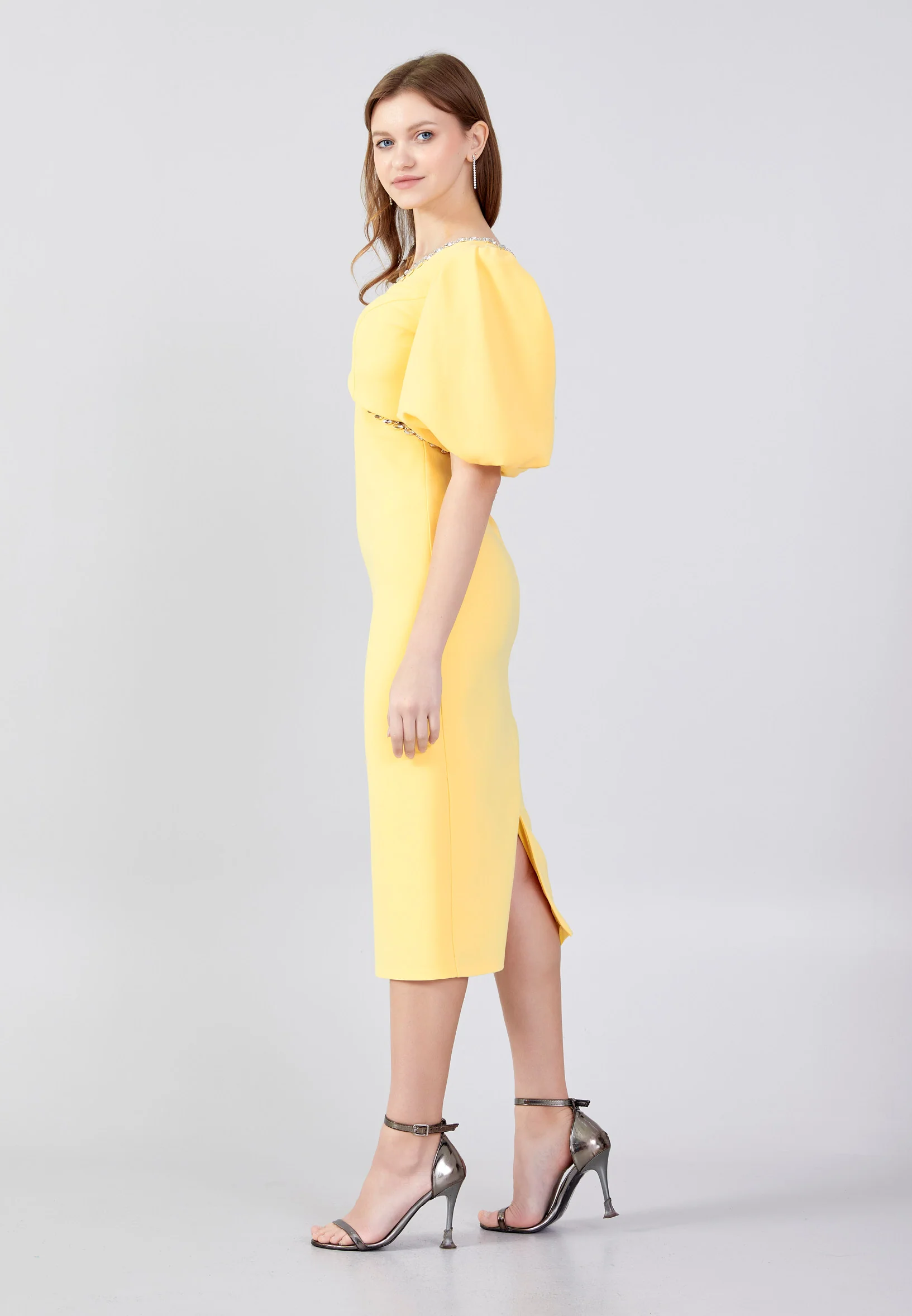 Short Sleeve Midi Crepe Column Regular Evening Dress jnm23-318 - Image 29