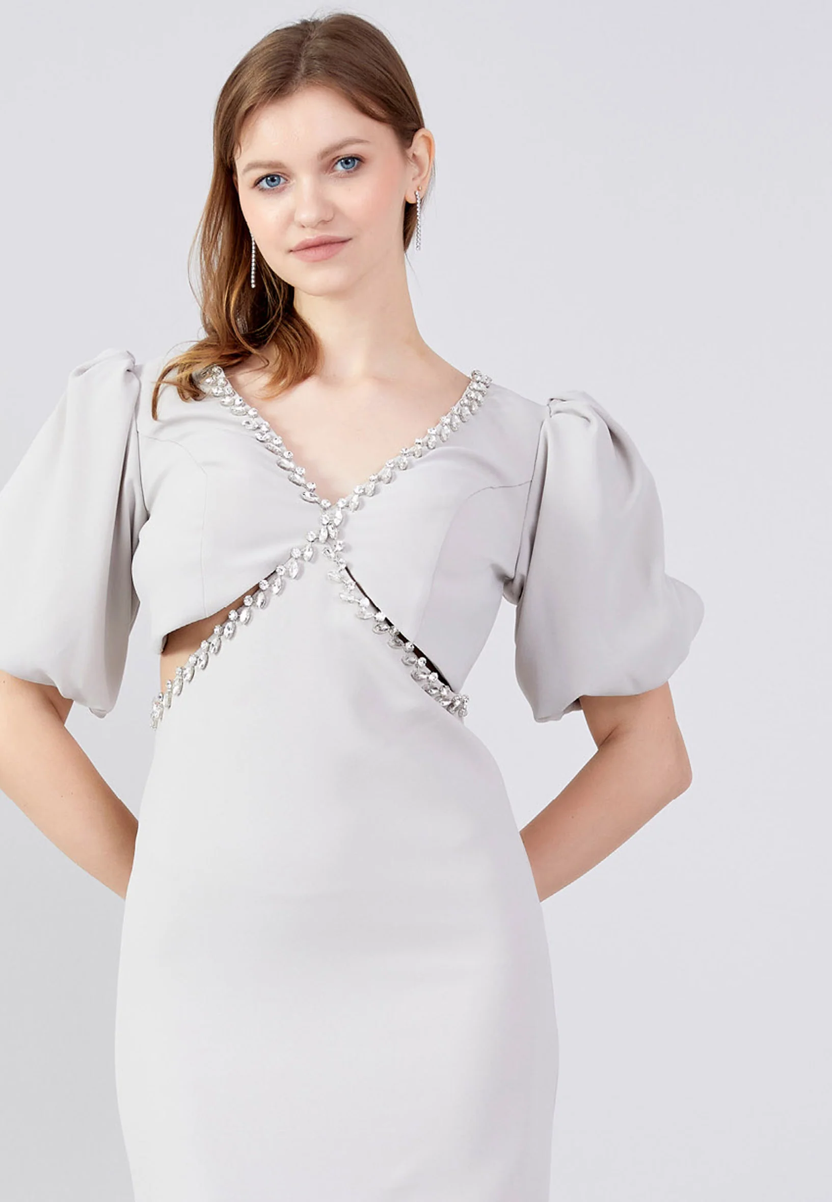 Short Sleeve Midi Crepe Column Regular Evening Dress jnm23-318 - Image 4